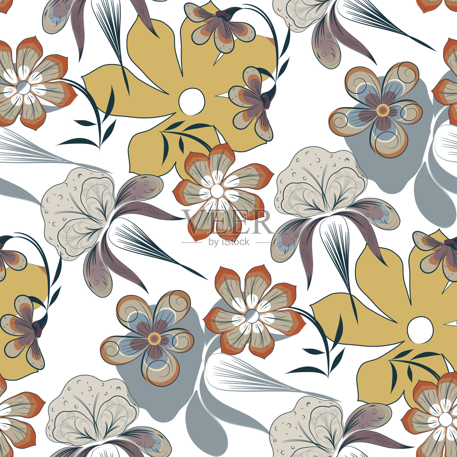 无缝花卉图案与神话般的手绘花朵在白色背景。向量抽象插图。插画图片素材