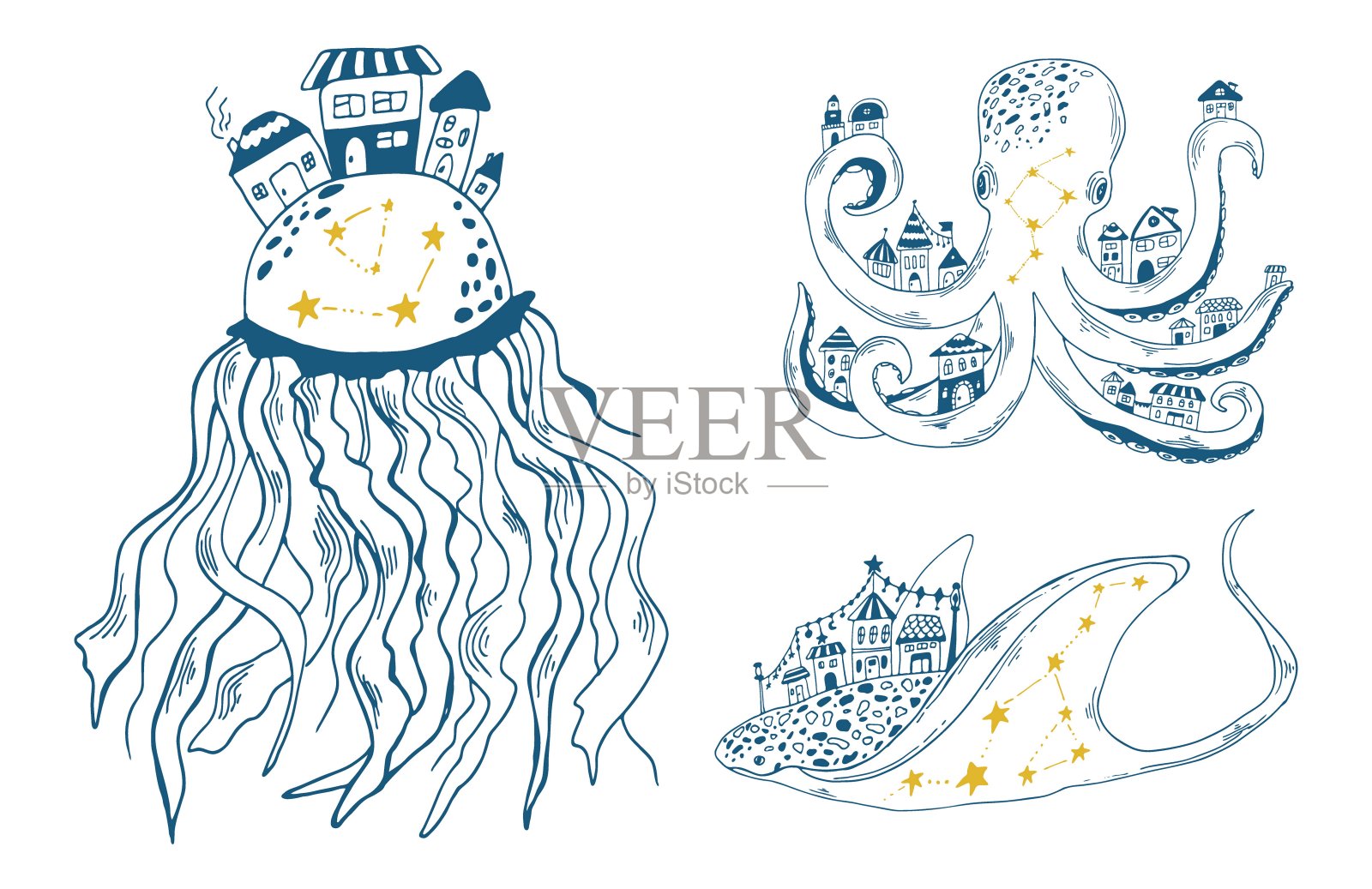 黄貂鱼、水母和章鱼手绘的蓝色轮廓画，还有可爱的房子和黄色的星星。海洋动物矢量插图。插画图片素材