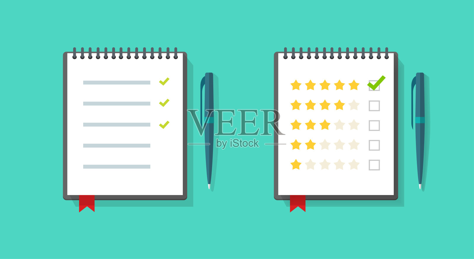 要在笔记本记事本上做清单图标矢量平与清单议程或反馈调查结果和质量率等级概念顶部查看卡通插图隔离，纸记事本上面图像插画图片素材