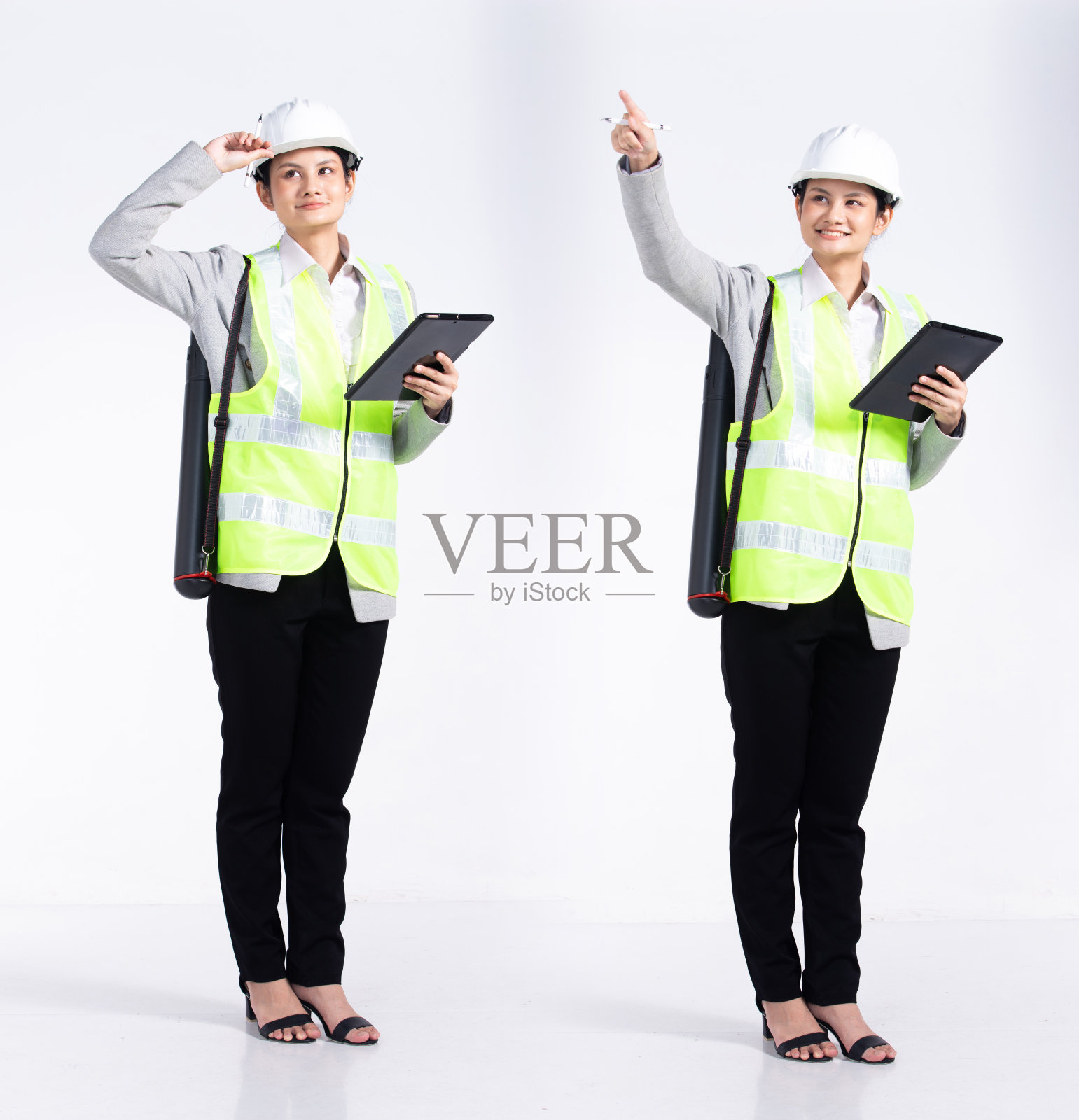 全长20多岁的年轻混合种族工程师建筑师客户女人，在空的手指照片摄影图片