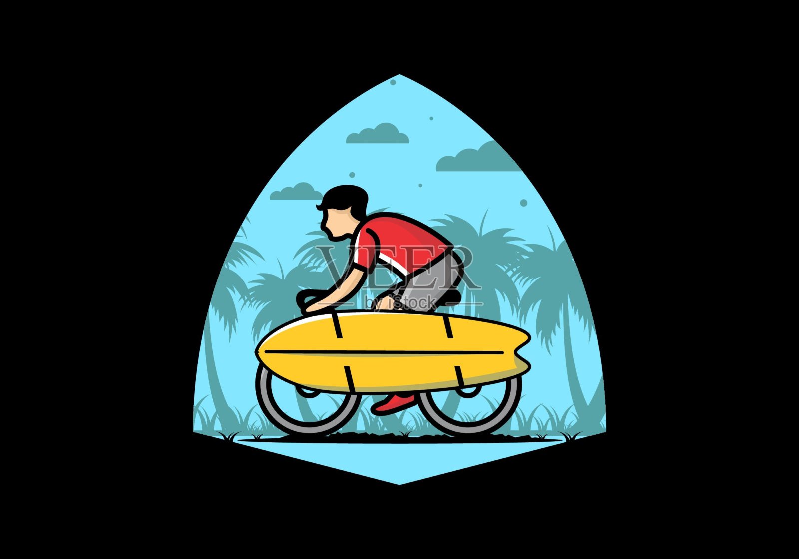 骑一辆带有冲浪板插图的自行车插画图片素材