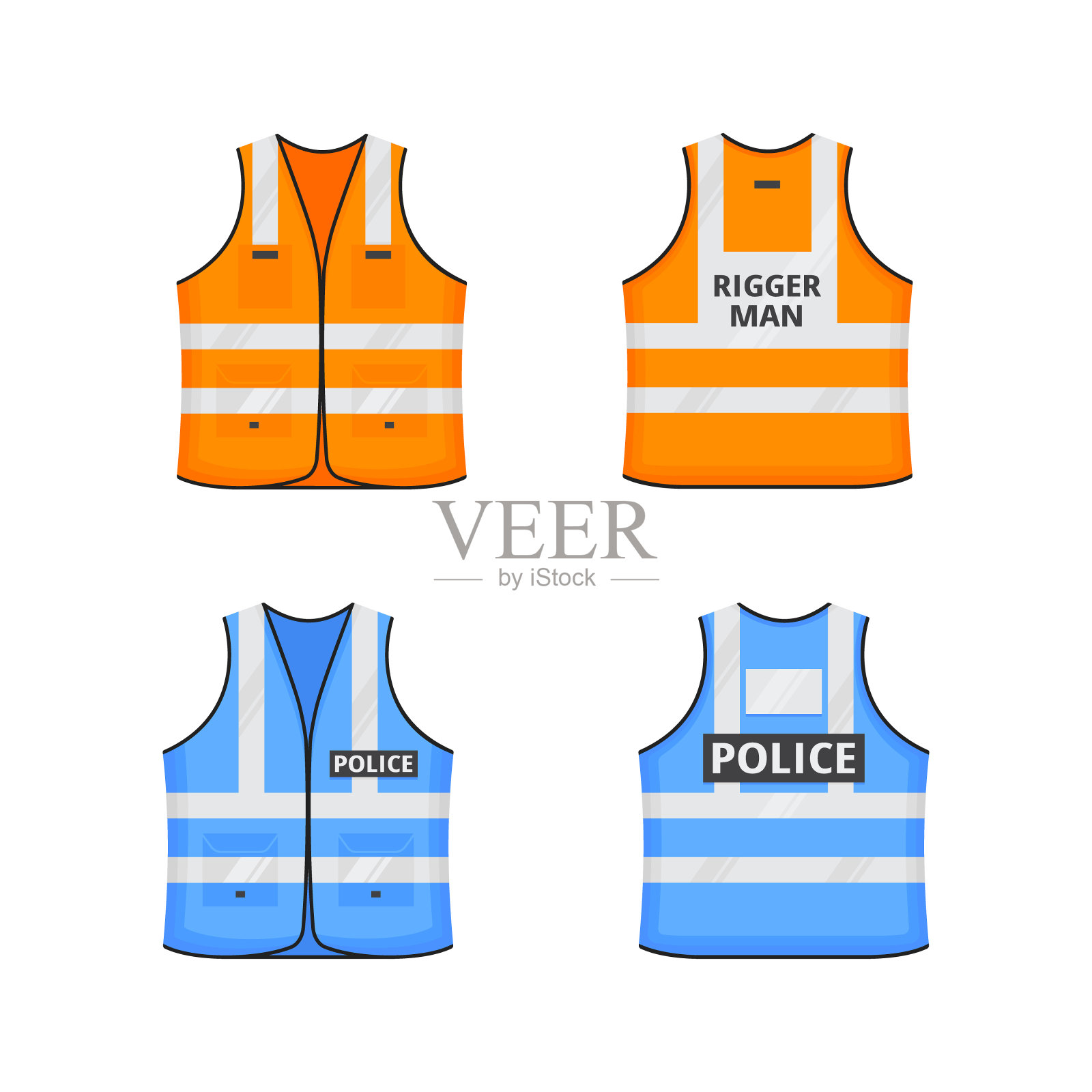 安全反光背心标签警察，RIGGER MAN平面风格矢量插图设置。设计元素图片