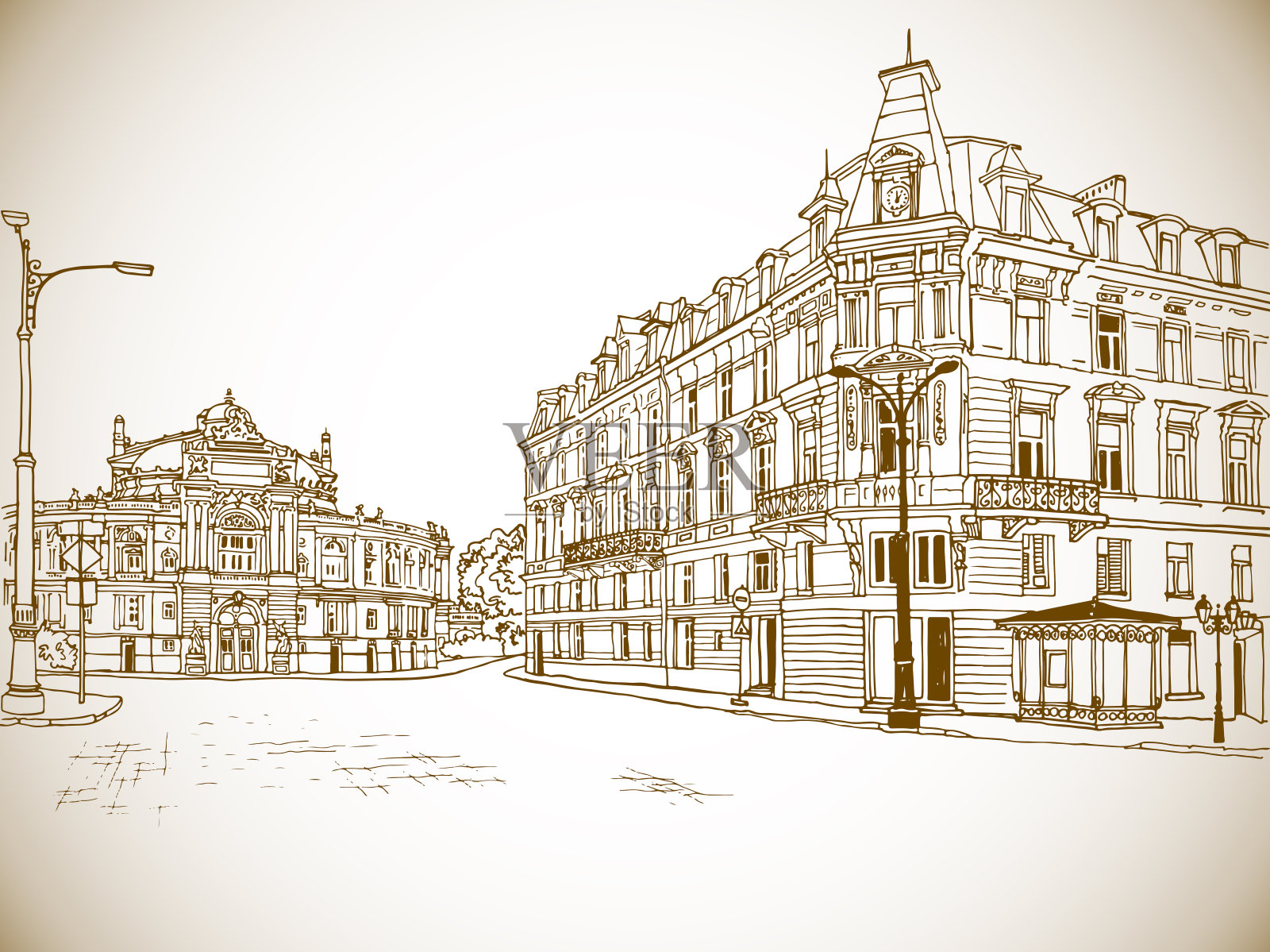 乌克兰敖德萨古老的美丽广场。插画图片素材