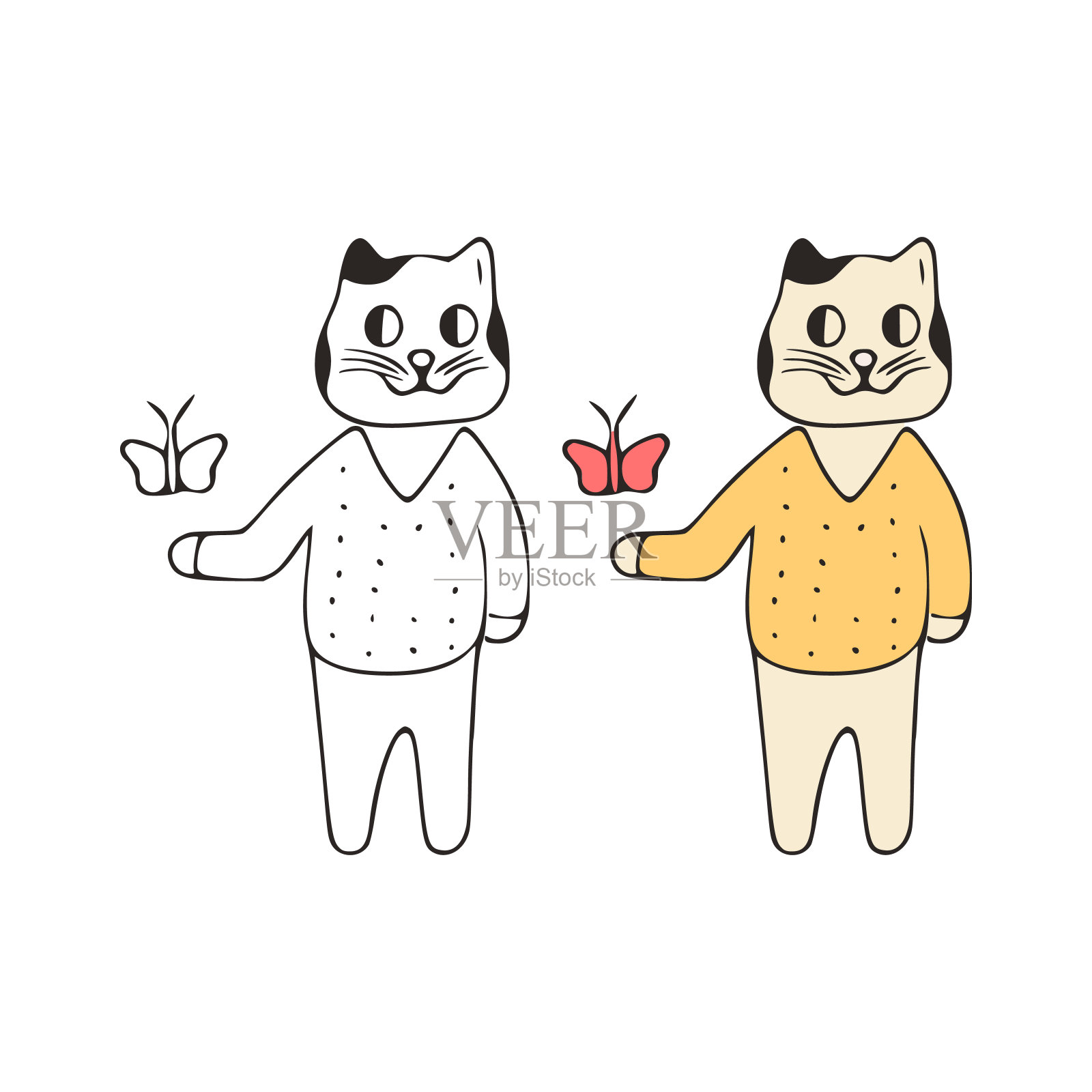 有趣的猫和蝴蝶涂鸦图标。可爱的宠物向量艺术在白色背景。插画图片素材