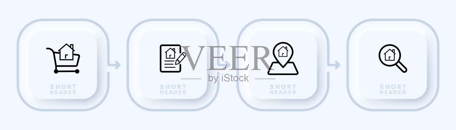 买一套房子图标。合同签订、文件、手推车、地图、定位、搜索、放大镜。经营理念。新生变形样式。矢量线图标的业务和广告图标素材