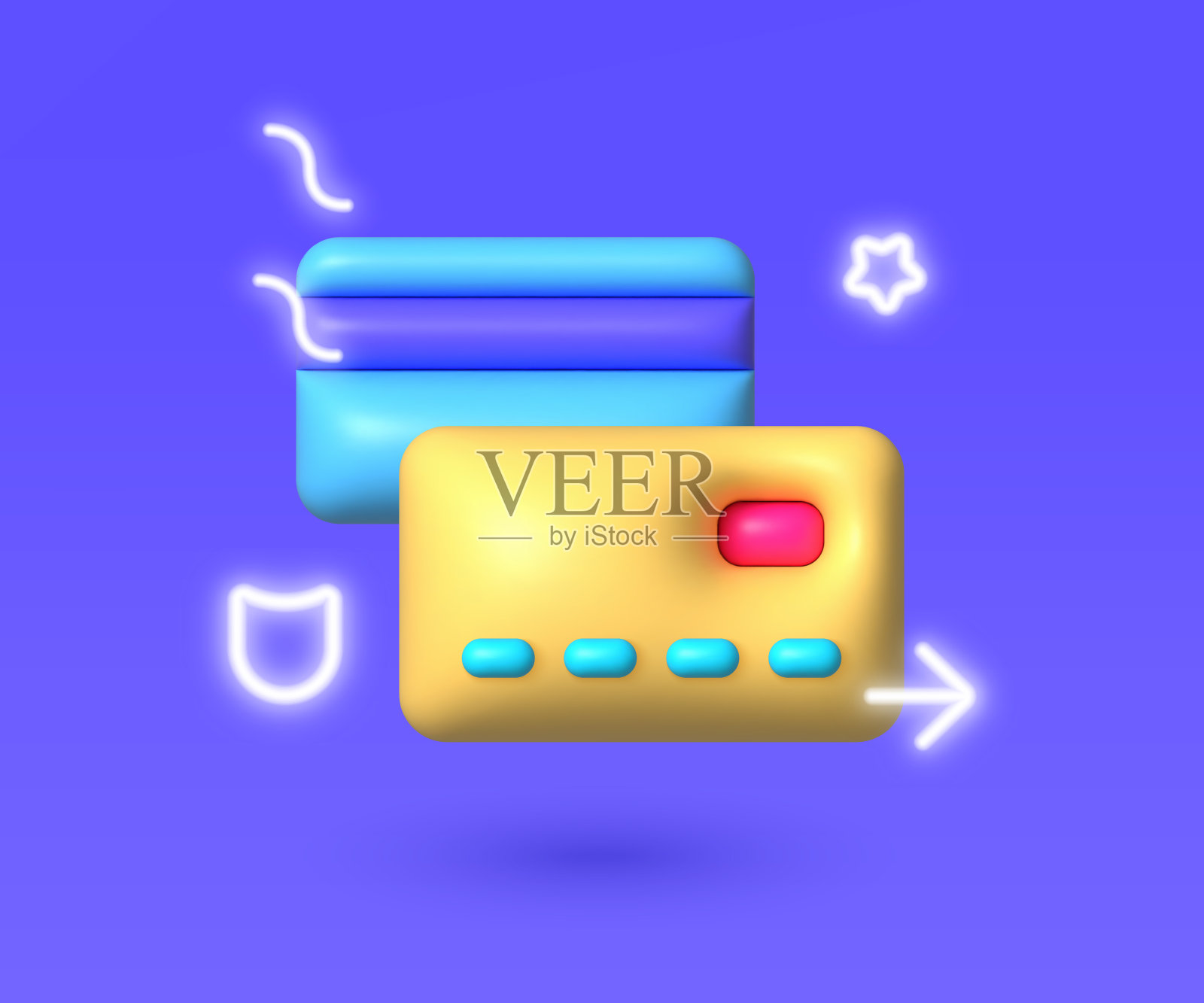名片3d霓虹灯。3d渲染插图。3d网上购物折扣概念。数字的钱。文档的概念。信用卡图标。在线支付图标素材