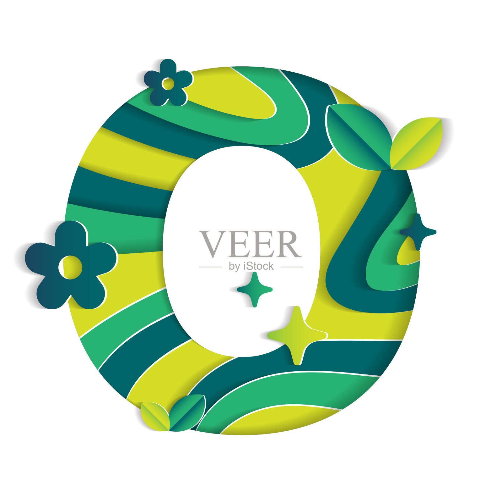 O字母字符环境生态环境天叶字体字母卡通风格抽象纸闪光发光绿色山地理等高线地图3D纸层剪纸卡矢量插图设计元素图片