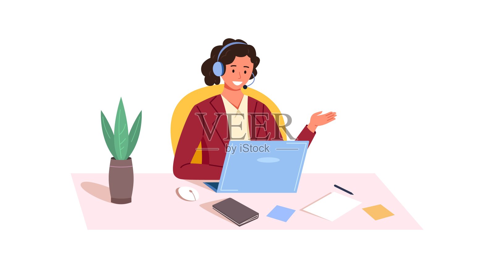 呼叫中心女接线员。顾问用笔记本电脑打电话，矢量插图插画图片素材