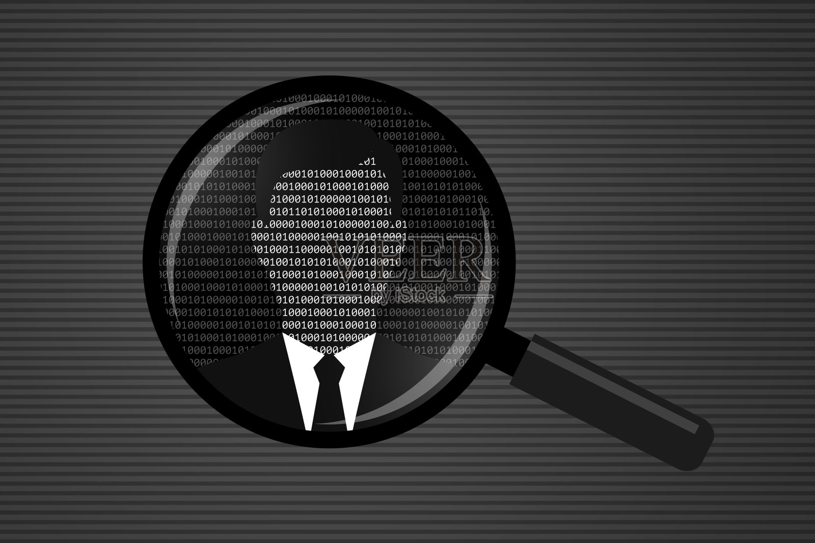 用二进制码制成的放大镜和商人剪影插画图片素材