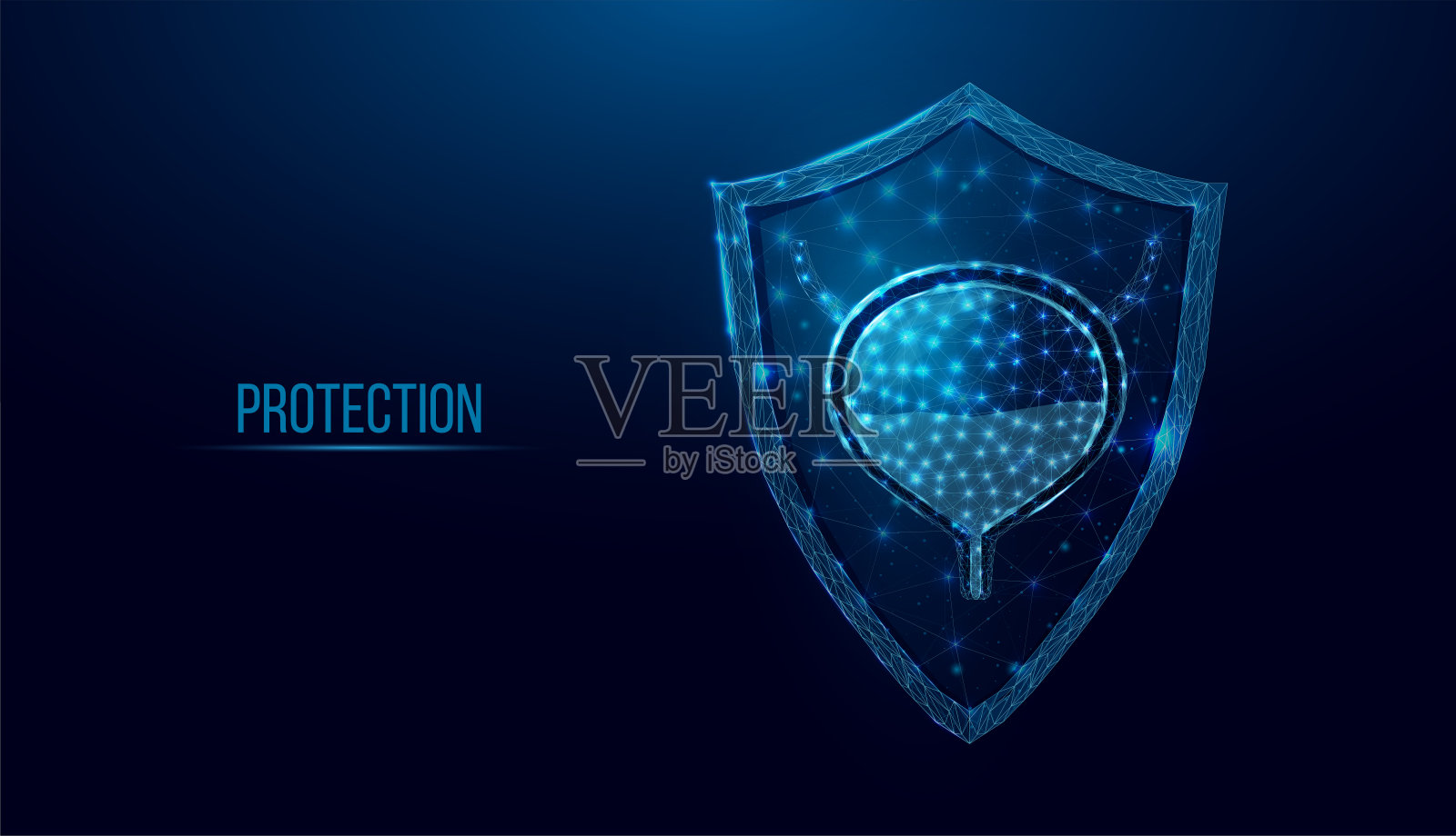 人膀胱在防护盾。医学概念，膀胱癌，膀胱炎，人体排泄系统。线框低多边形风格。抽象矢量插图在深蓝色背景。插画图片素材