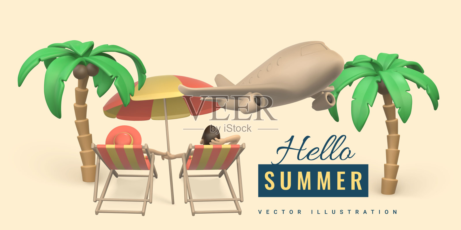 你好夏天促销横幅设计。夏季3d现实渲染矢量对象。热带棕榈树，遮阳伞，沙滩椅和飞机上的情侣。矢量图插画图片素材