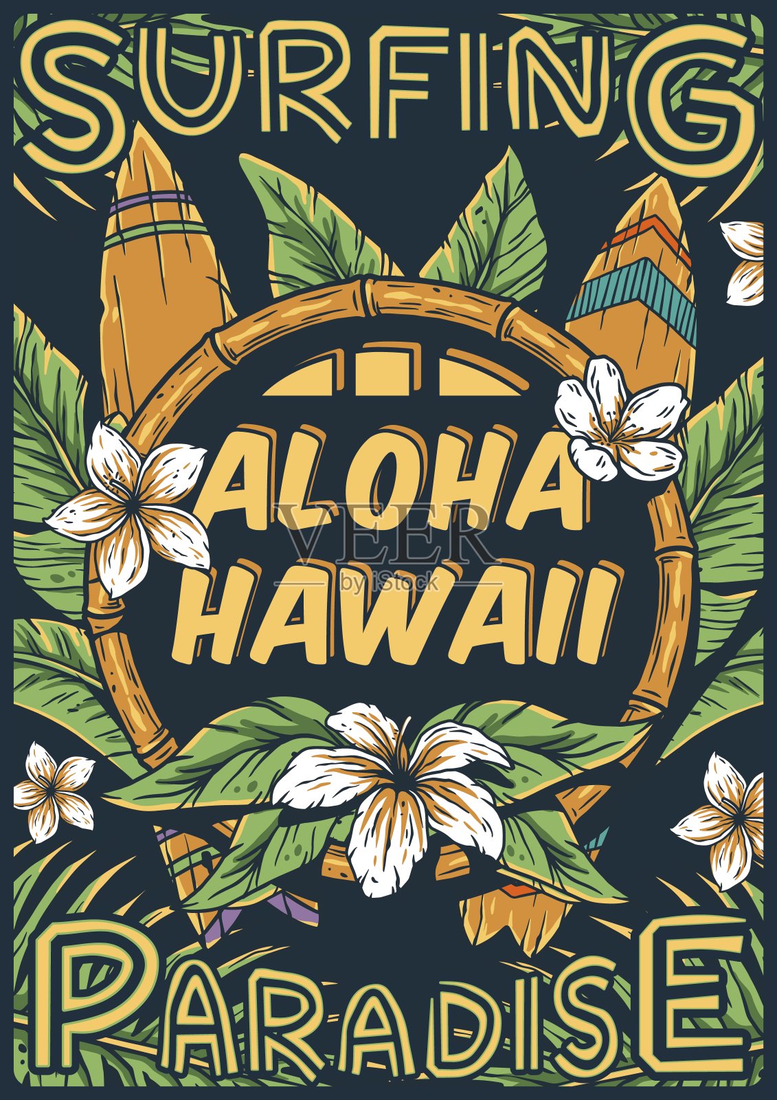 夏威夷冲浪海报。夏日冲浪提基酒吧插画图片素材