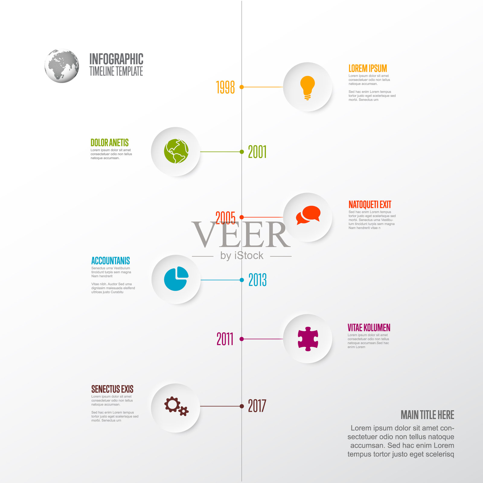 六个垂直光圈浮雕步骤时间轴过程信息图插画图片素材