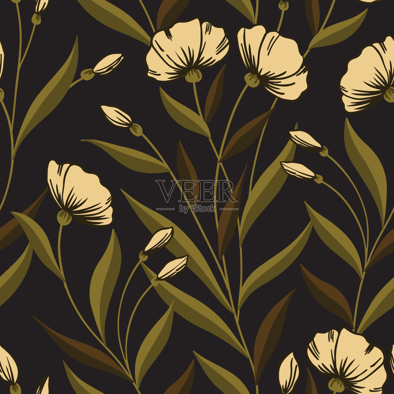 老式花卉图案，无缝图案与花朵，树叶在树枝上。向量。插画图片素材