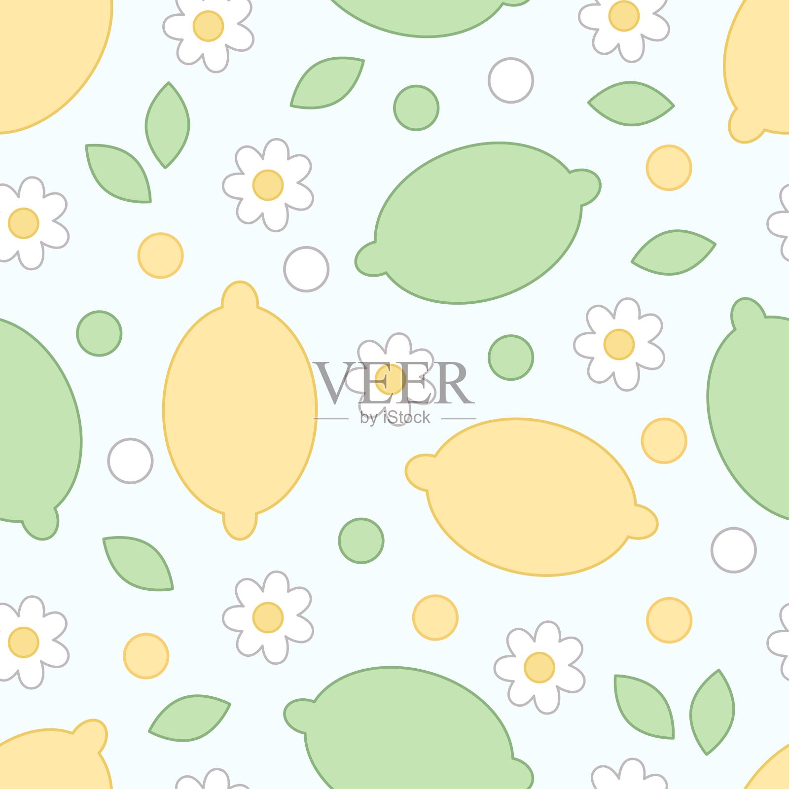 在蓝色背景上，用卡哇伊风格的叶子、花朵和圆点勾勒出柠檬和酸橙的无缝图案。插画图片素材