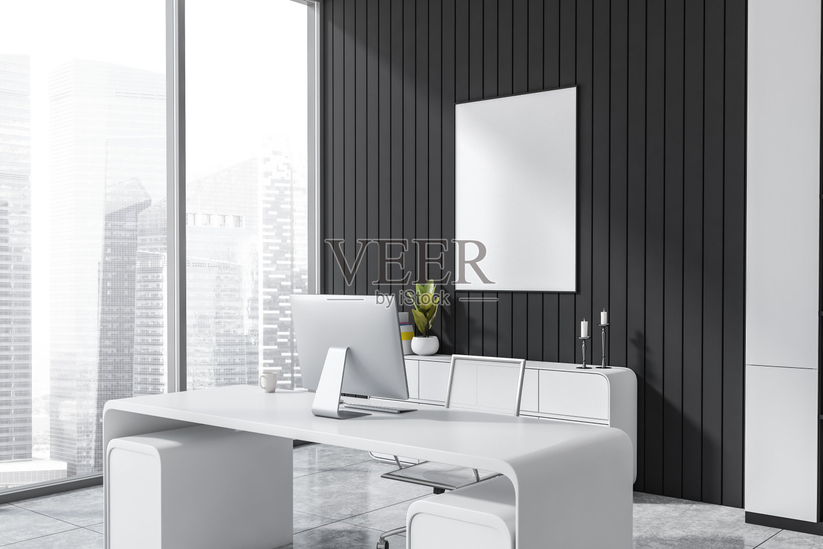 近距离观察明亮的办公室内部与空的海报照片摄影图片