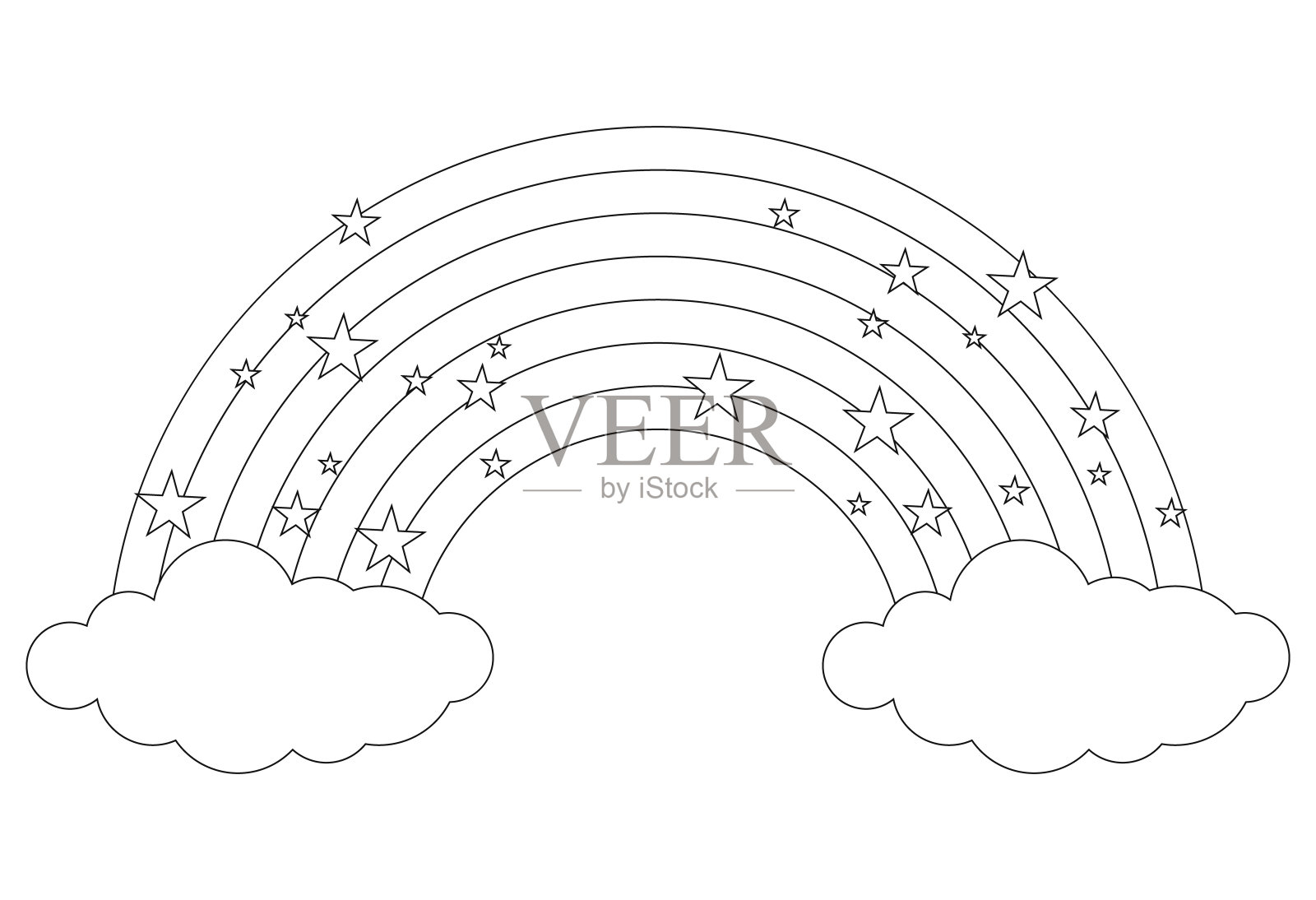 彩虹，彩虹图标与云彩在蓝色的背景。卡通、矢量插图。设计元素图片