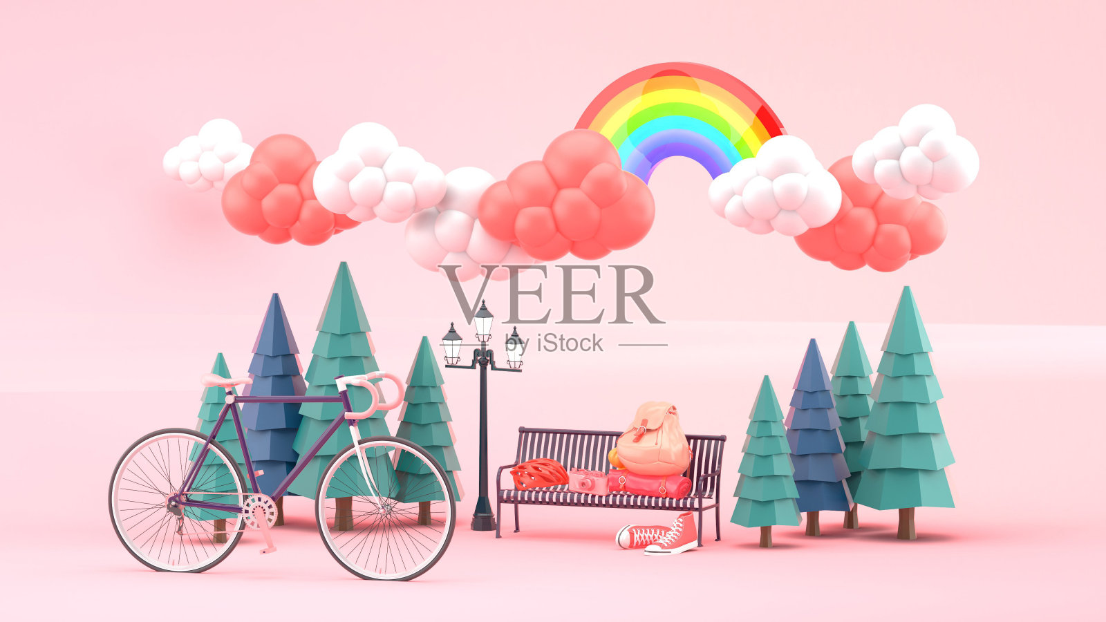 在公园里的自行车和背包上粉红色的天空。3 d渲染。“n插画图片素材