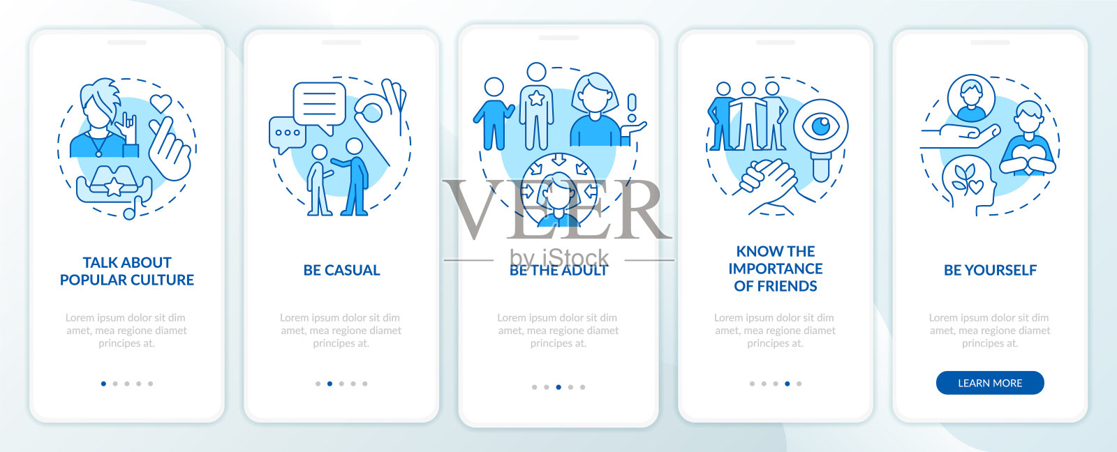 积极育儿策略蓝色登机手机应用程序屏幕设计模板素材