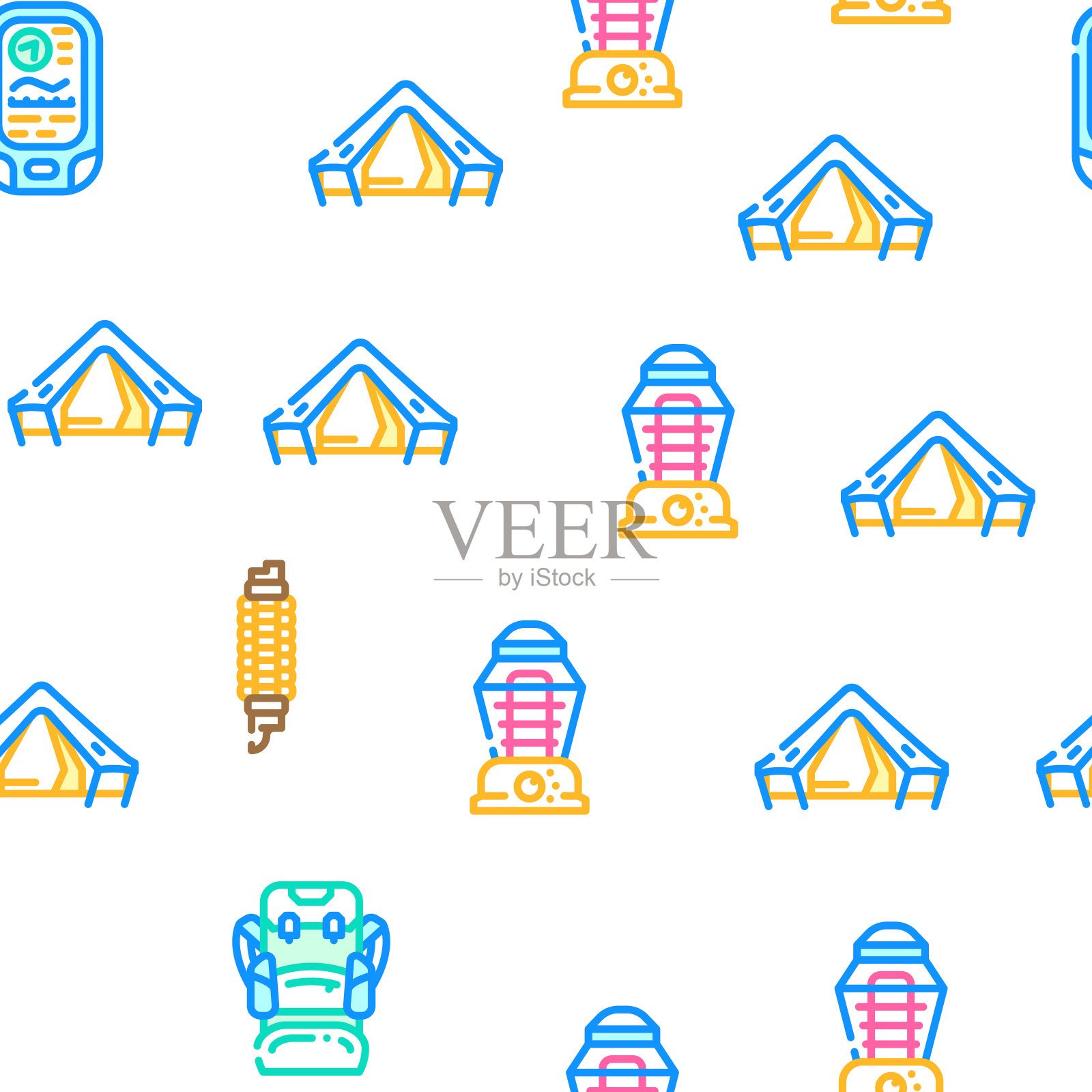 露营徒步者工具和小工具图标集向量插画图片素材