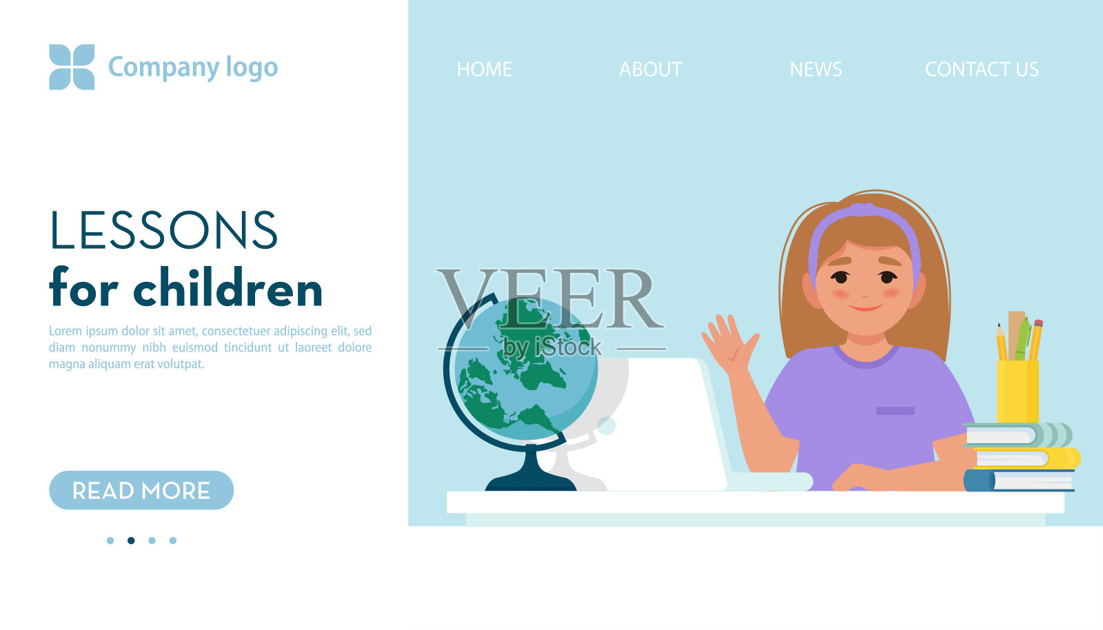 儿童在线课程横幅。女孩用笔记本电脑上网学习。矢量插图在平面风格插画图片素材