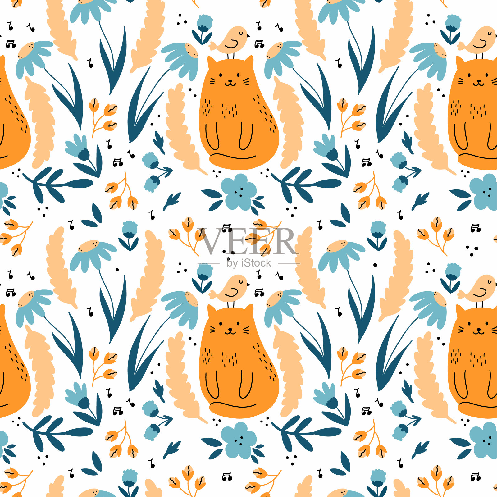 无缝的花卉图案。可爱的猫，头上有只鸟。春天的花园。缝纫衣服和在织物上印刷的背景。夏天的包装纸。插画图片素材