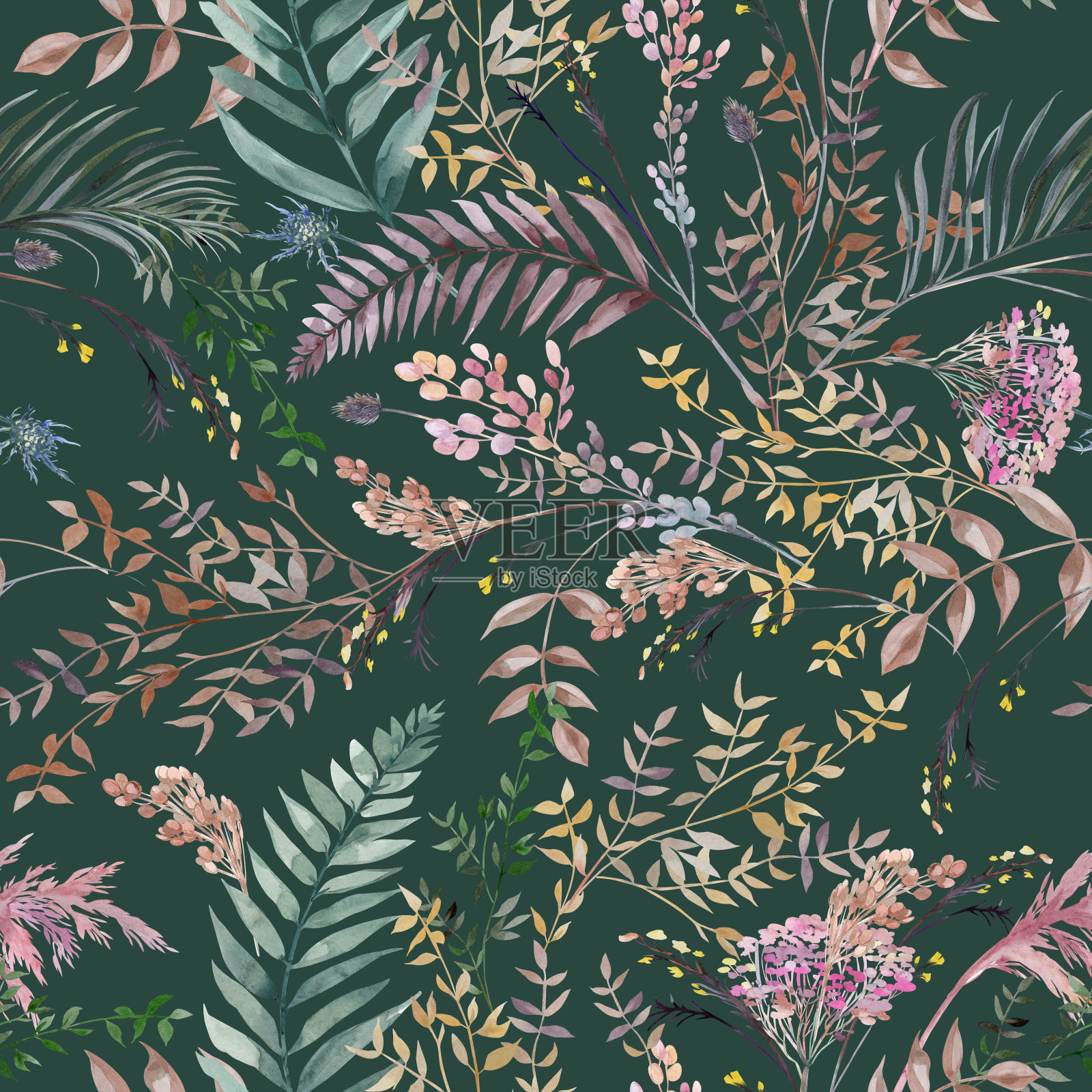 无缝水彩图案与波西米亚风格蕨类树枝和树叶绘制插画图片素材
