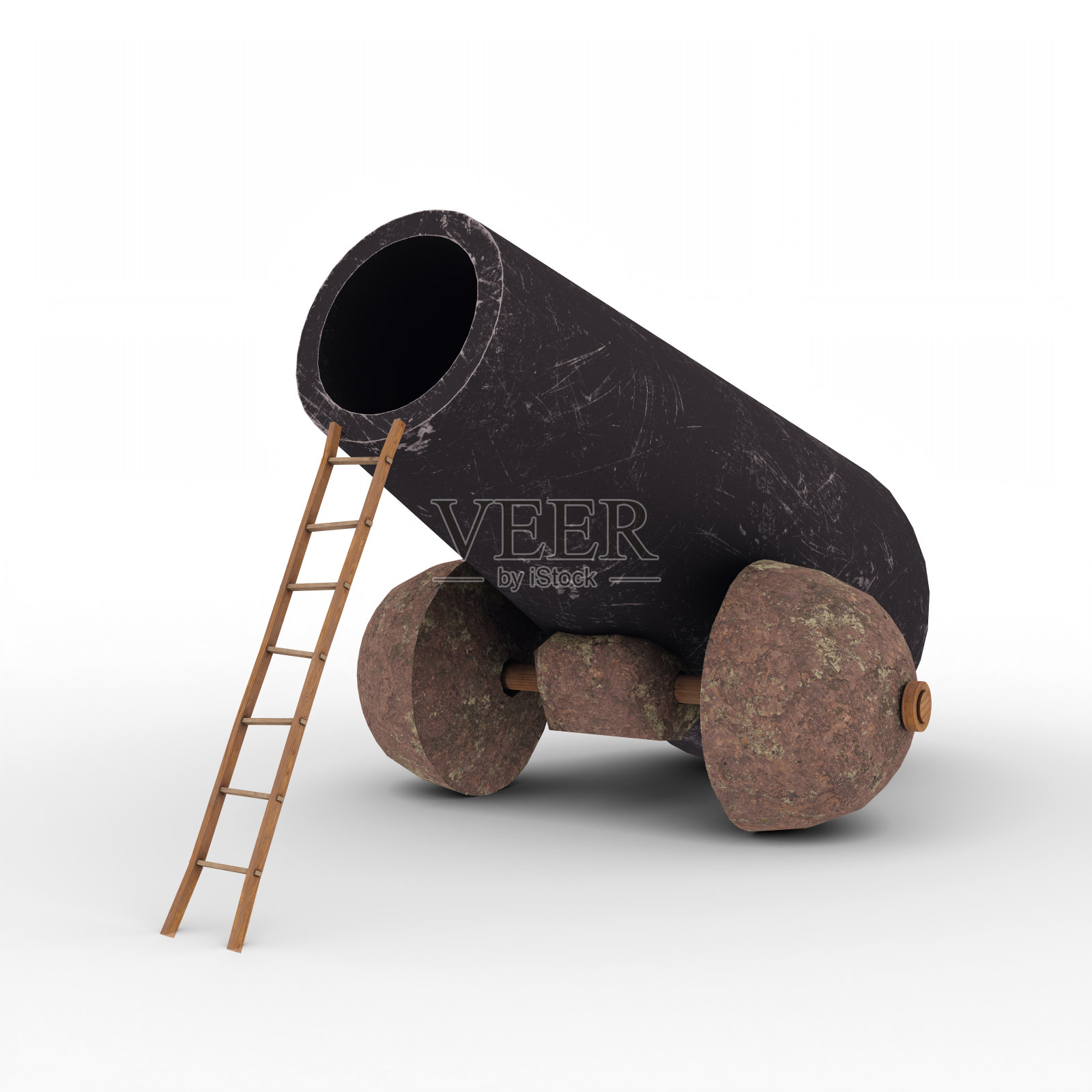 木梯靠在旧大炮上。战争主题模板墙纸。3D插图。带有剪切路径的文件。照片摄影图片