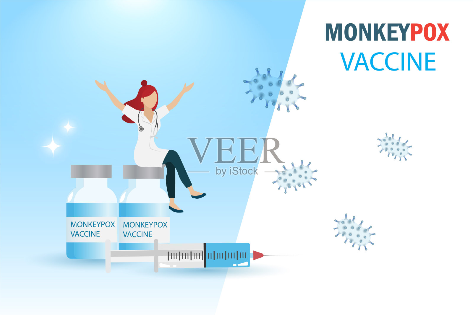 猴痘疫苗。医生坐镇猴痘疫苗抗击正痘病毒大流行。提高人类疾病感染意识的实验室研究和发展。医疗保健。插画图片素材