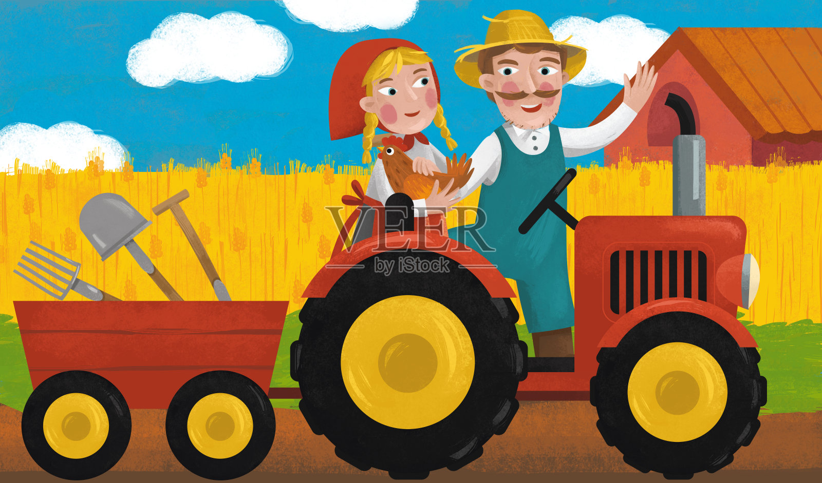 卡通场景与拖拉机在农场插图插画图片素材