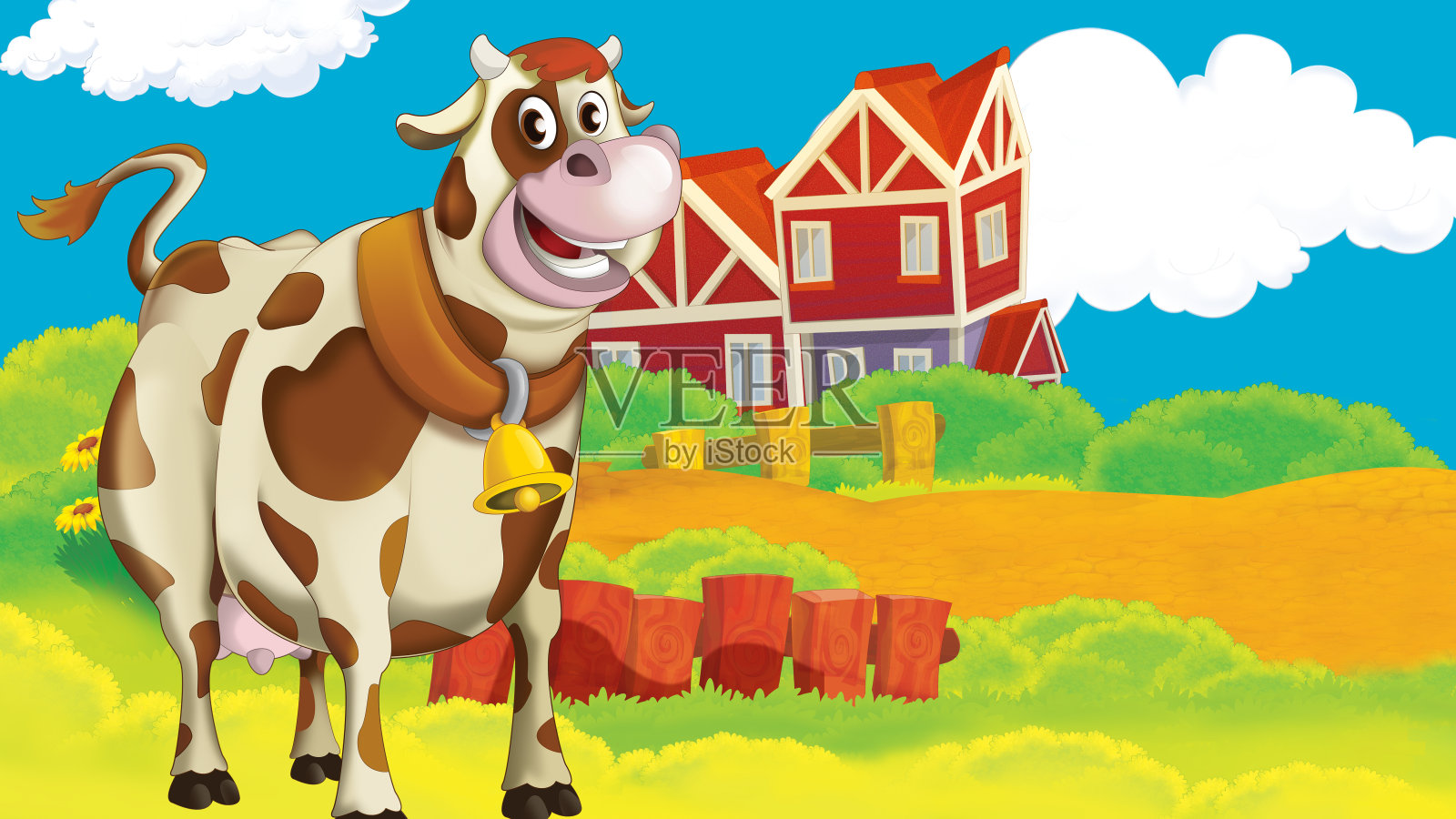 卡通农场场景与牛插图插画图片素材