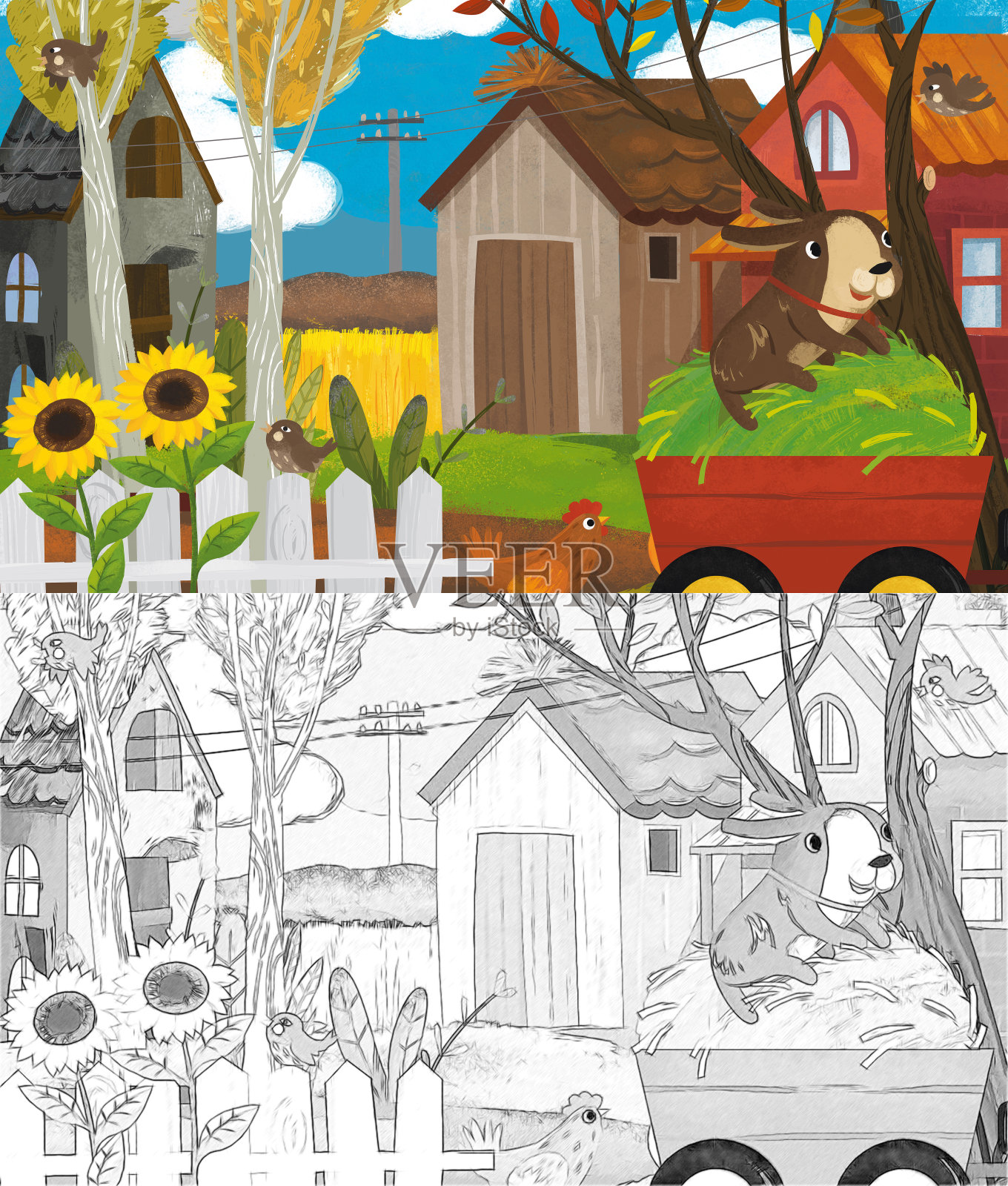 卡通农场动物南瓜与素描插画图片素材