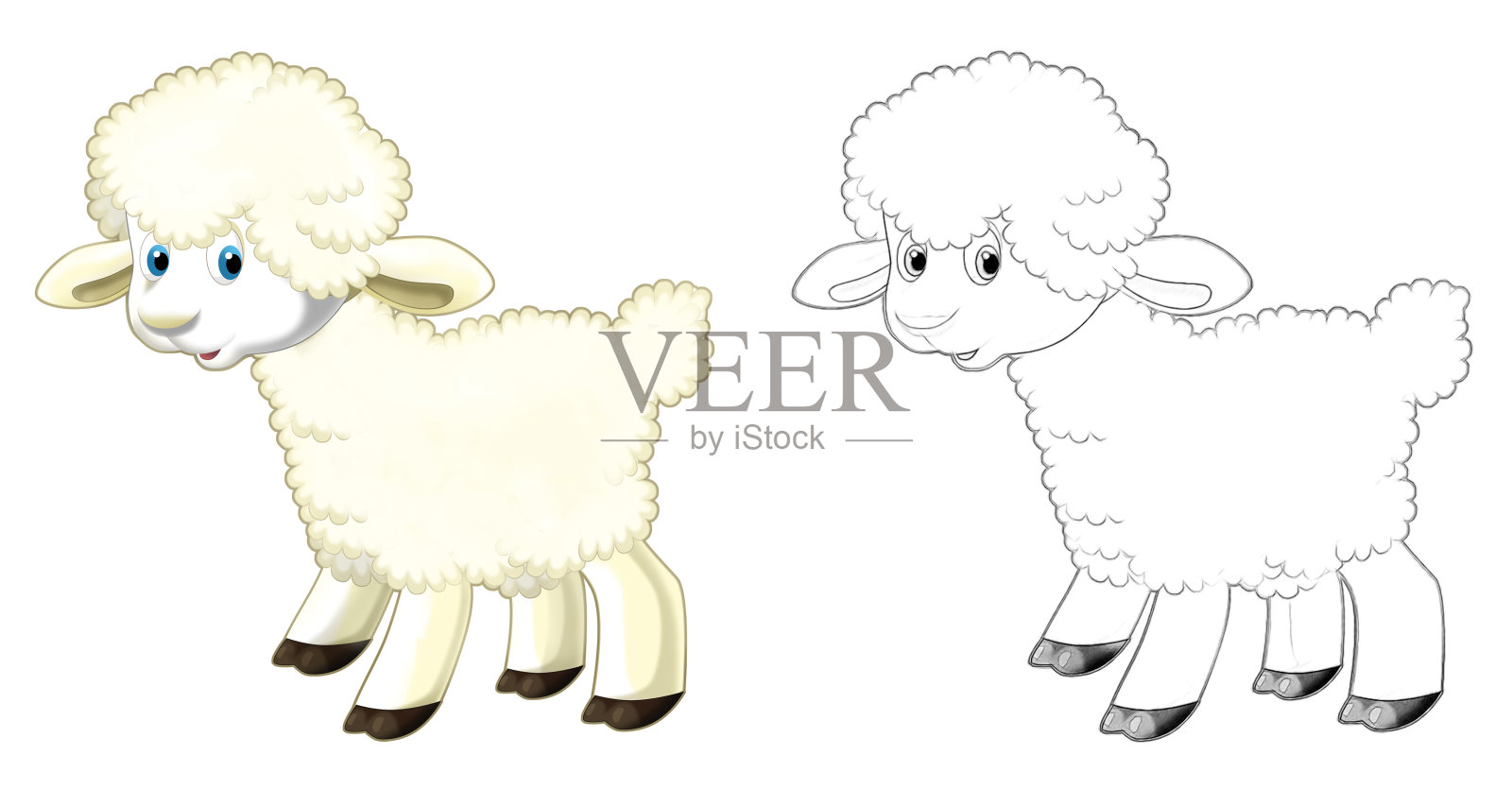 卡通快乐农场牧场动物欢快的羊与素描插图插画图片素材