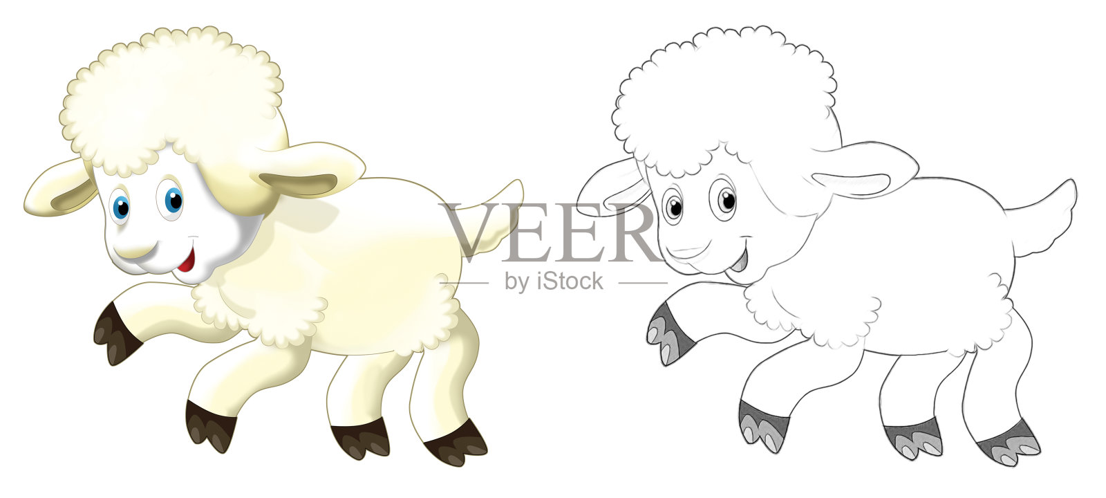 卡通快乐农场牧场动物欢快的羊与素描插图插画图片素材