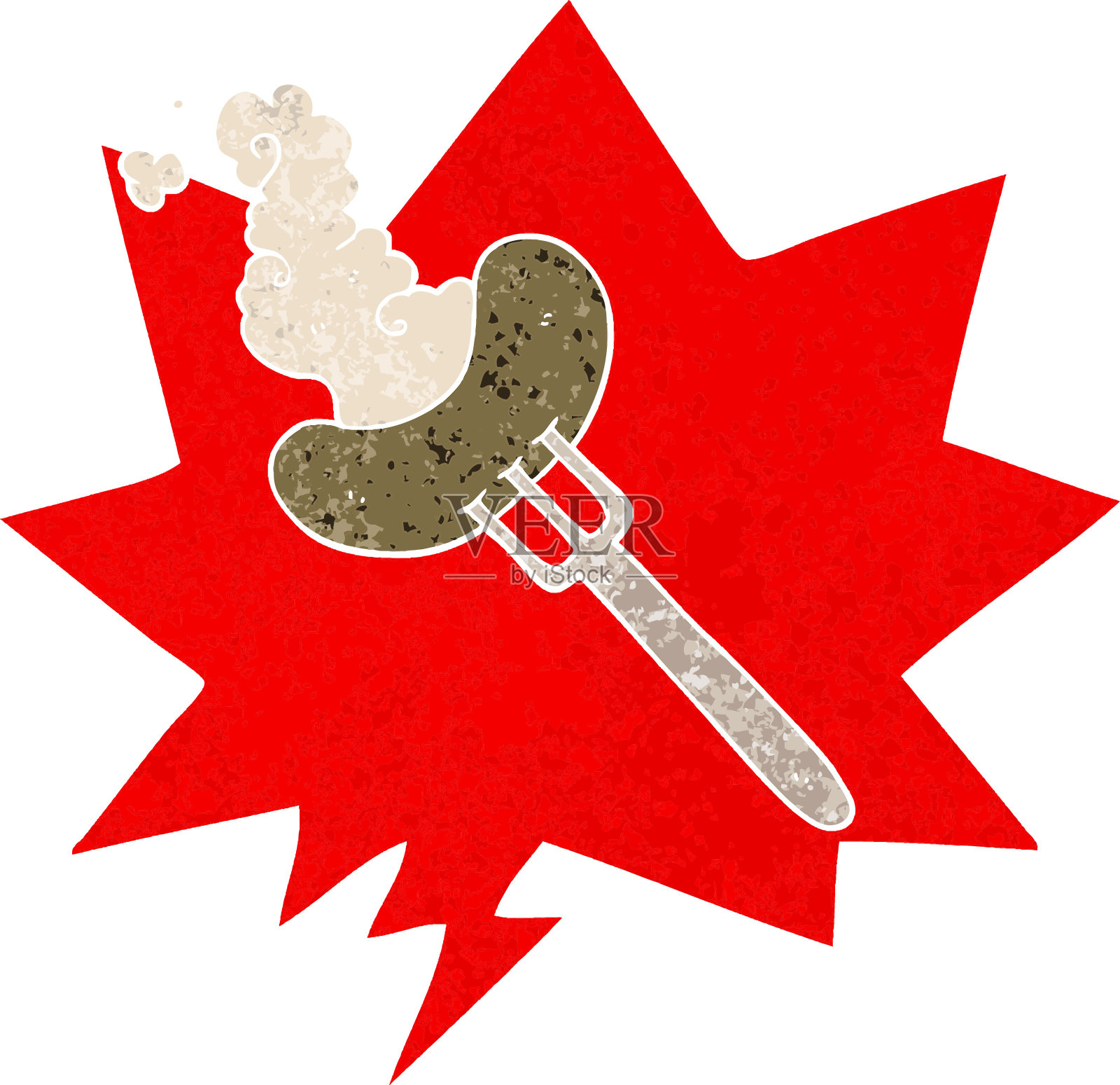 卡通香肠在叉子与语音泡沫在垃圾摇滚苦恼复古纹理风格插画图片素材