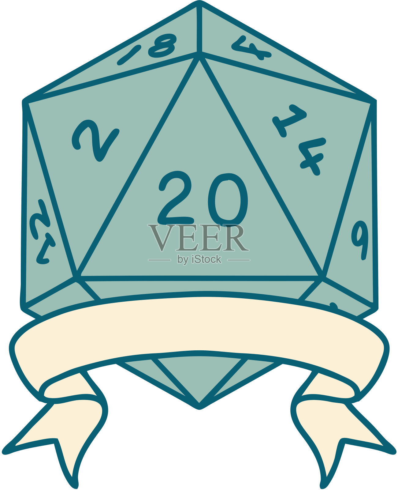 复古纹身风格自然20暴击D20骰子滚动插画图片素材