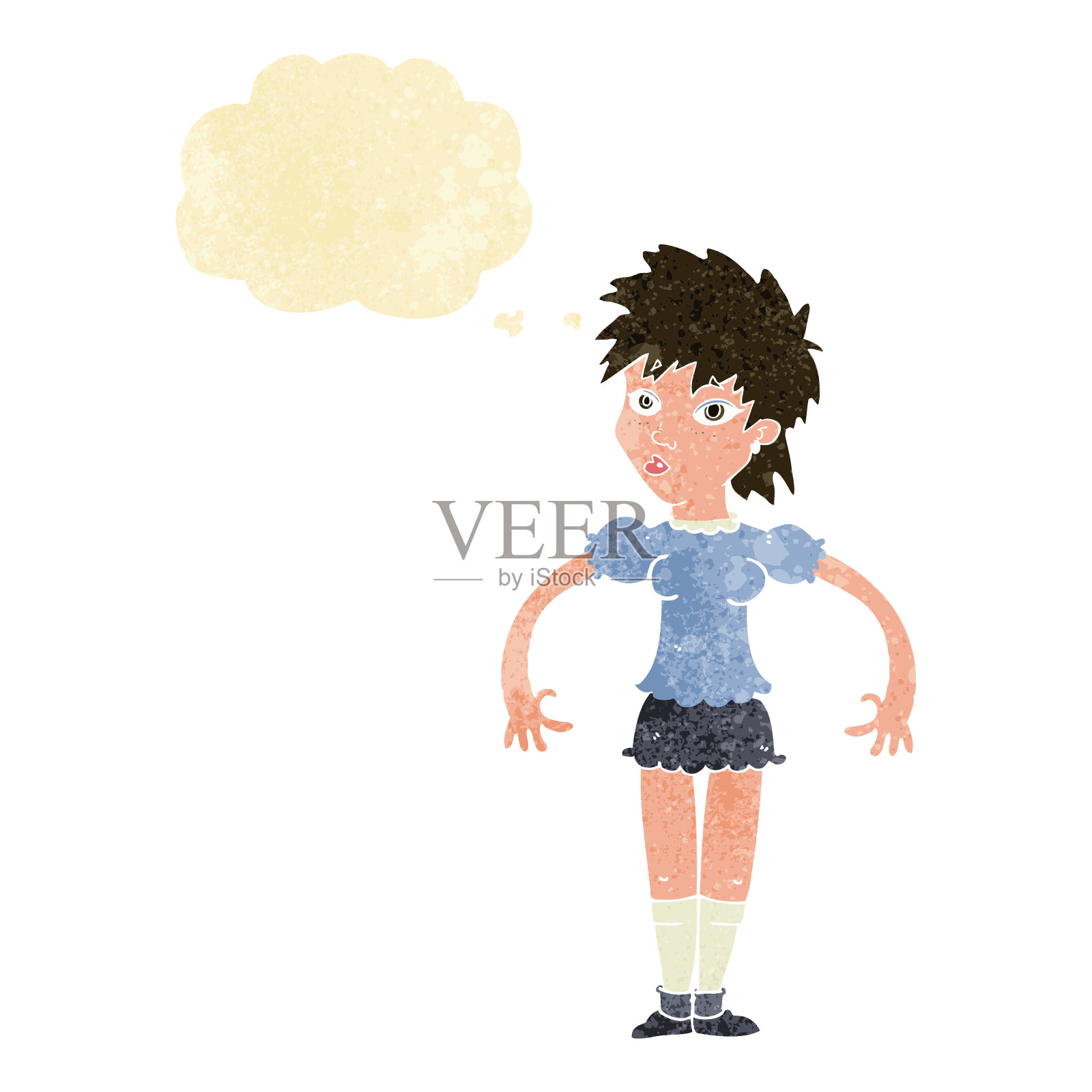 卡通好奇的女人与思想泡泡插画图片素材