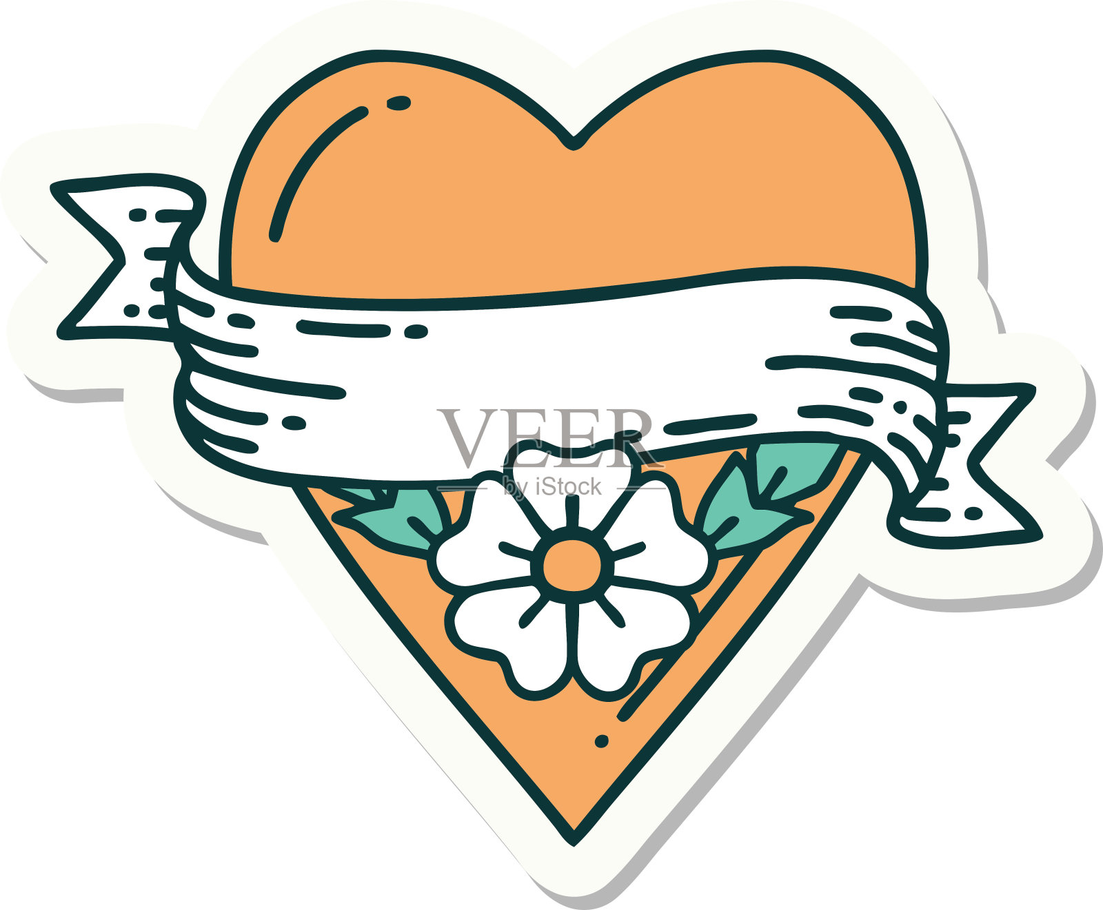 贴纸的纹身在传统风格的心形花和横幅插画图片素材