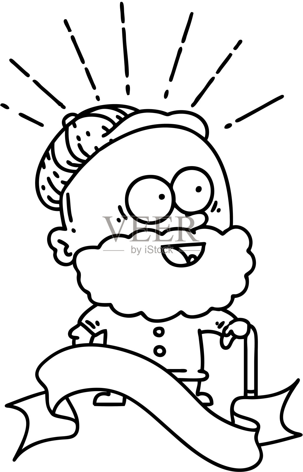 滚动横幅与黑线工作纹身风格快乐的老人与拐杖插画图片素材