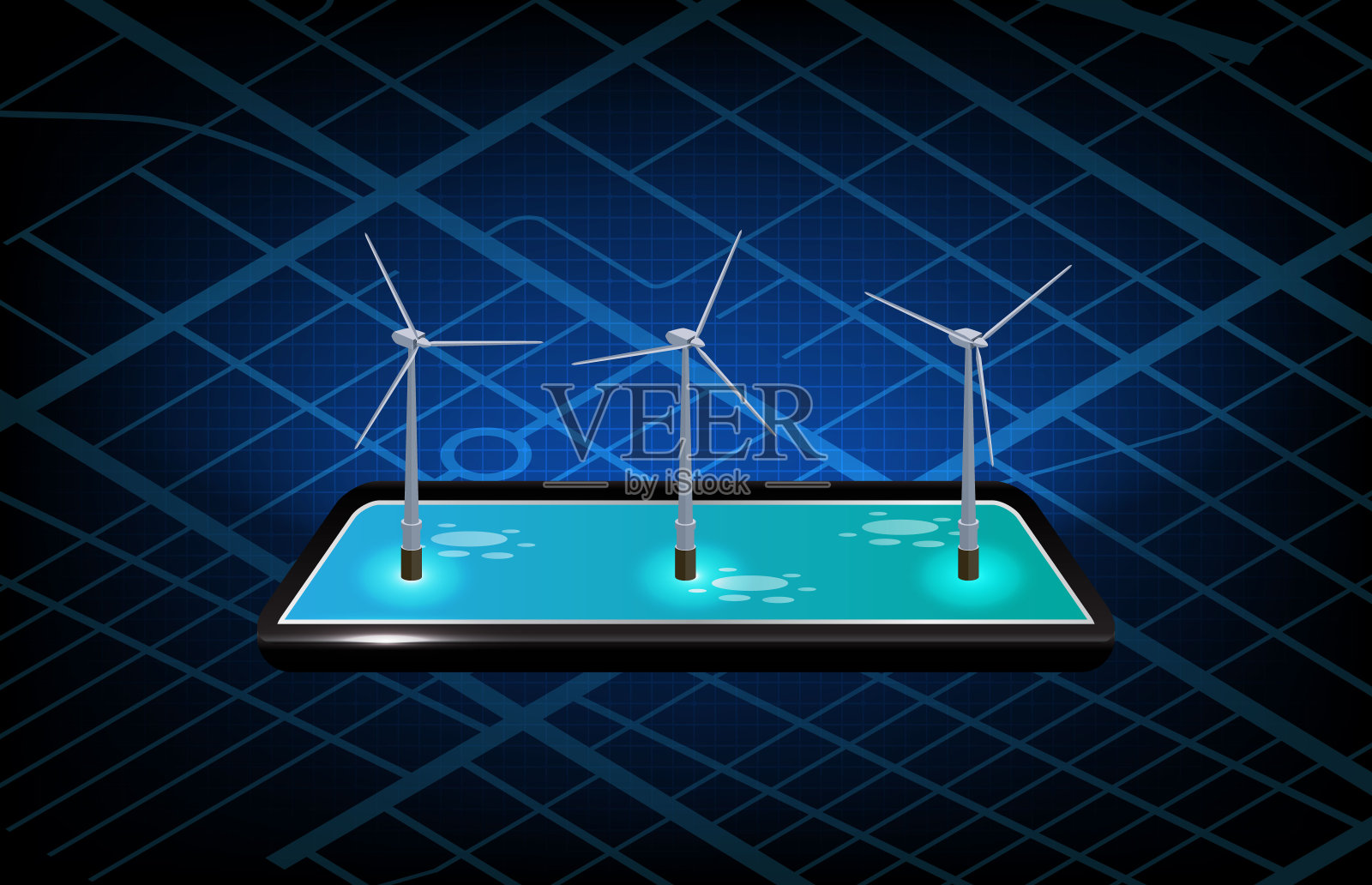 风力涡轮机发电的移动平板应用程序和地图路线导航插画图片素材