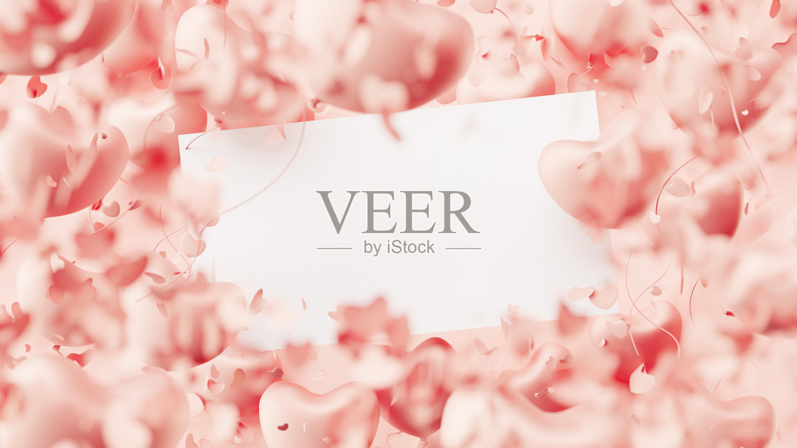 情人节庆祝活动。边界与飞行的心形气球和闪闪发光的五彩纸屑在粉红色的背景。三维渲染照片摄影图片