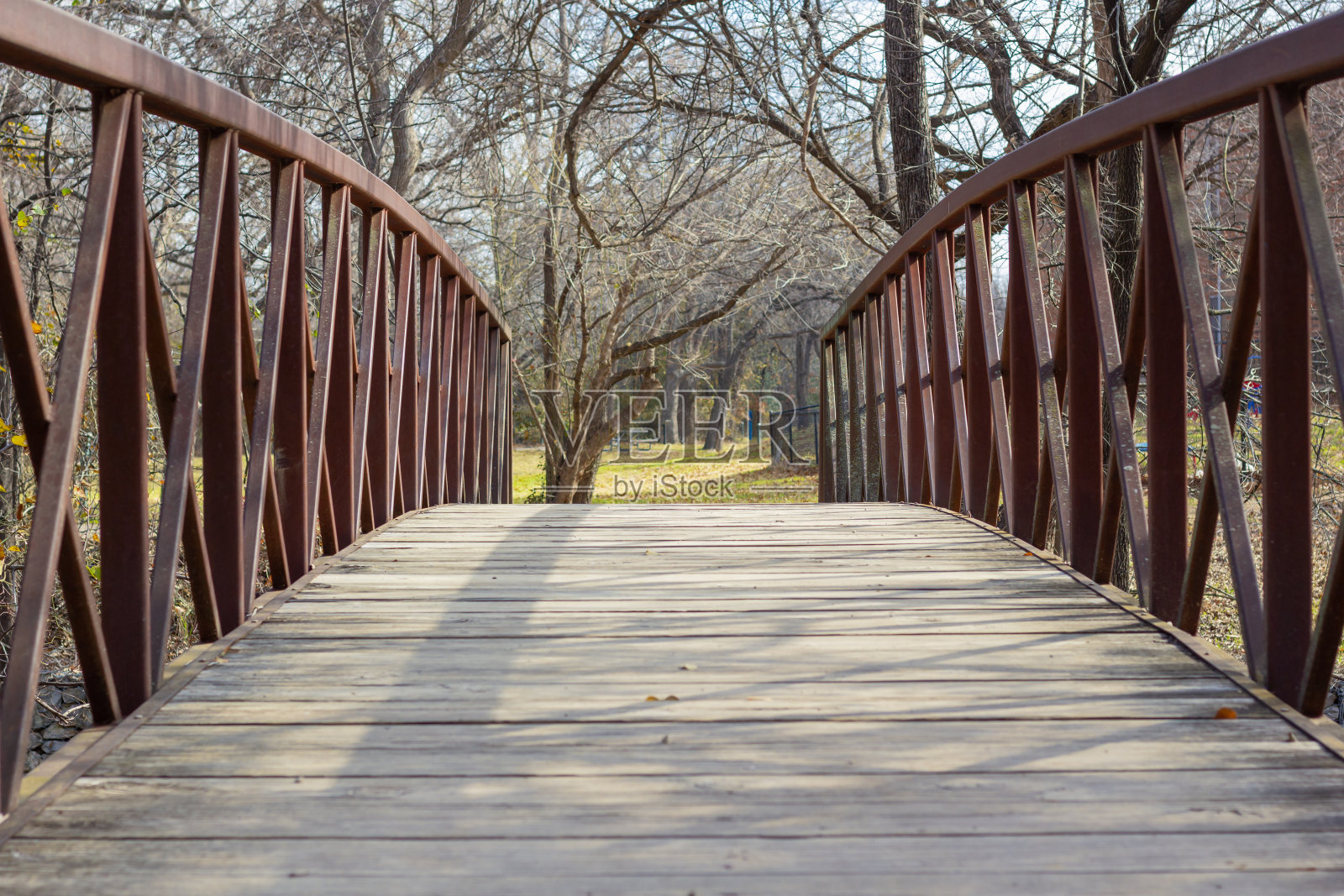 秋天的森林里，木桥在森林里与河相连照片摄影图片