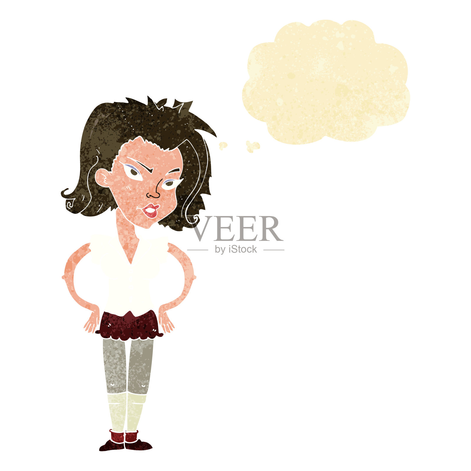 卡通女人手放在臀部与思想泡泡插画图片素材