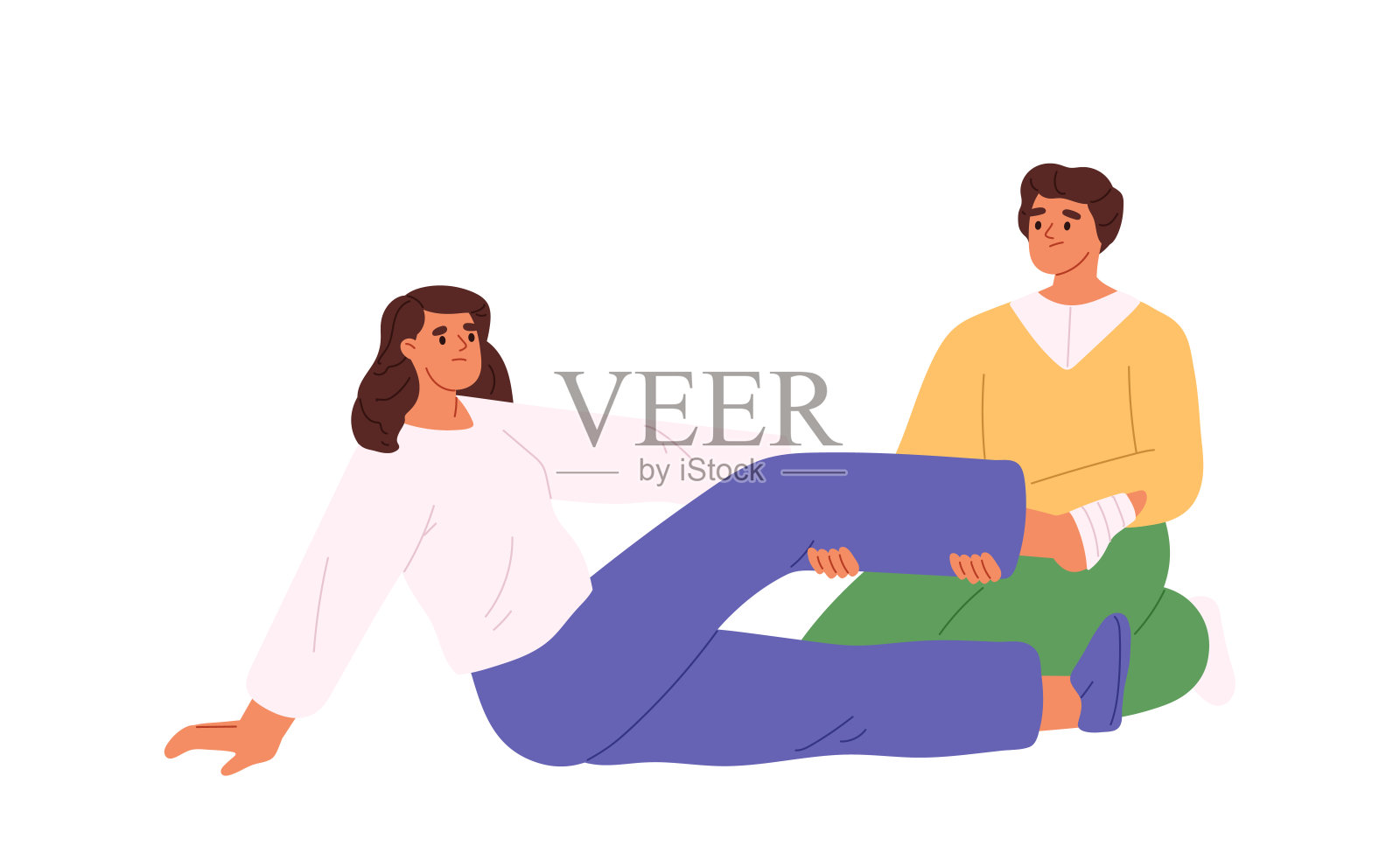 男性在受伤、拉伤或断腿外伤事故后给女性脚包扎绷带插画图片素材