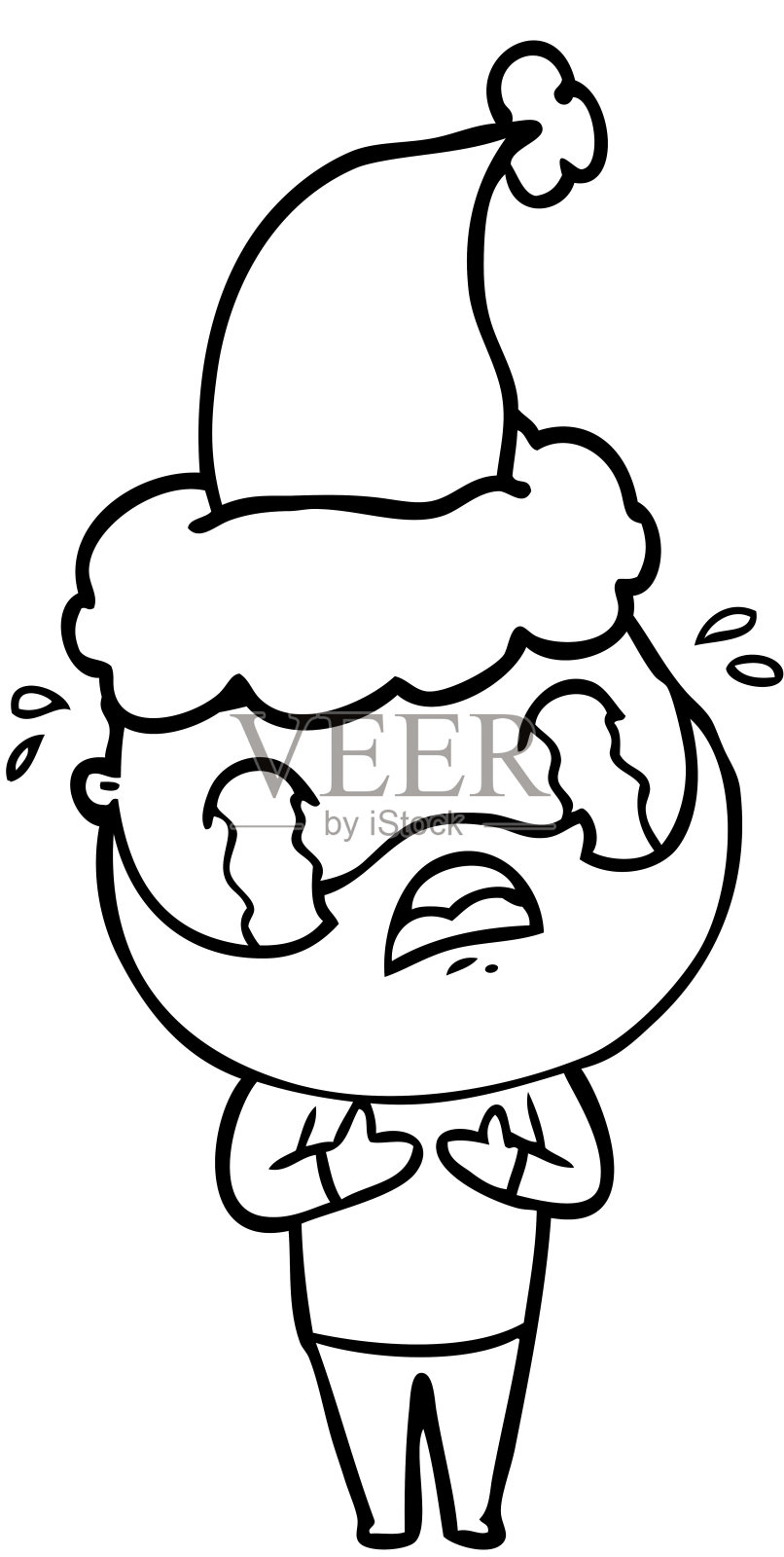 手绘线条画的胡子男人哭着戴着圣诞老人的帽子插画图片素材