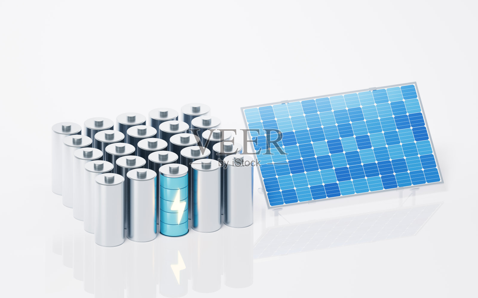 太阳能电池板和电池，3d渲染。照片摄影图片