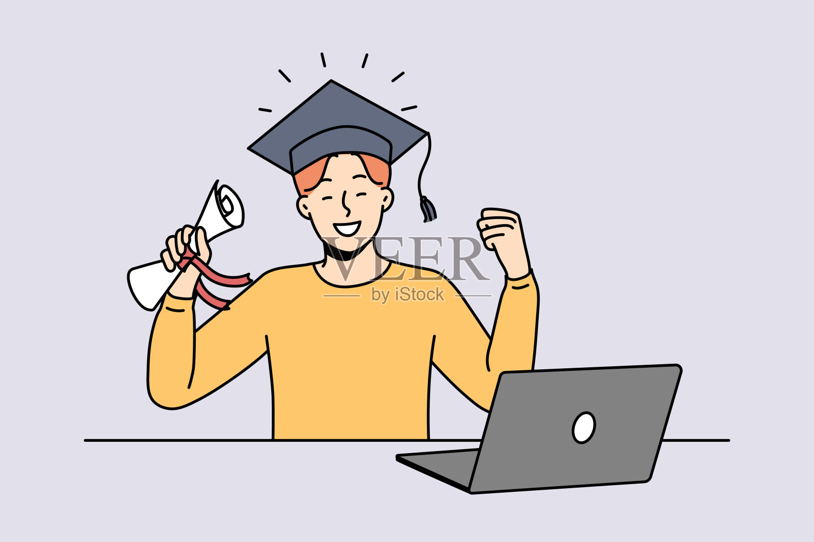 微笑男子与文凭庆祝网上毕业插画图片素材