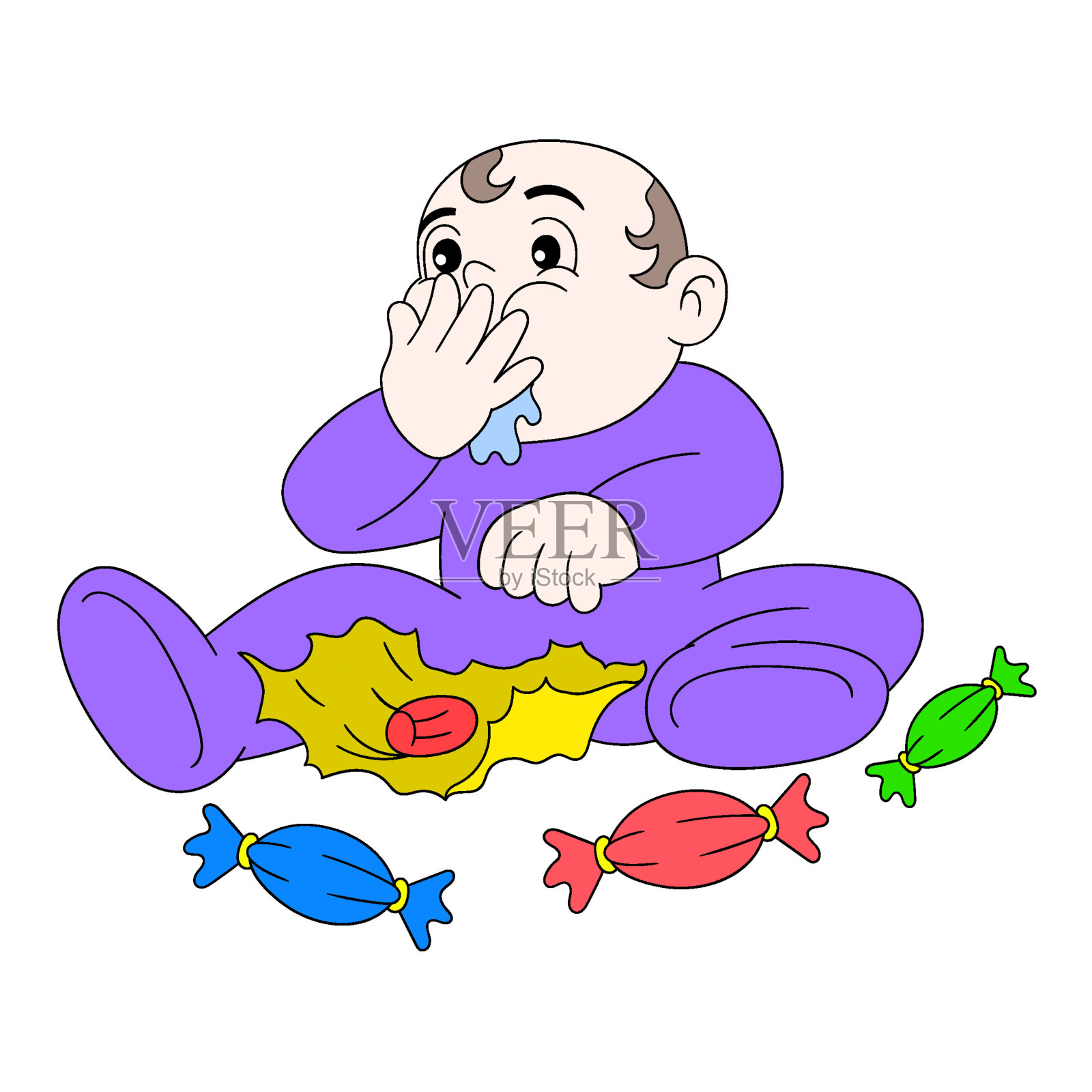 小男孩很可爱，贪婪地吃着糖果插画图片素材