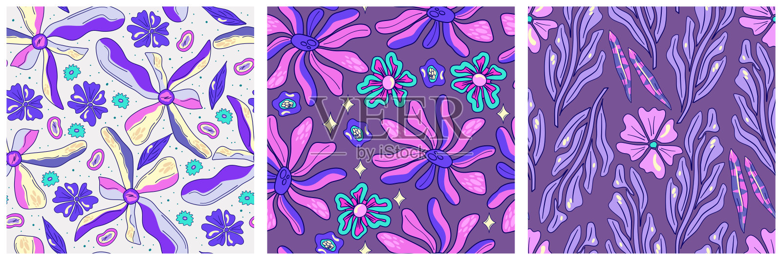 复古花卉海报集虚幻的千年虫设计。春季花卉图案。矢量抽象图。抽象的墙壁虚幻的背景。内部打印插画图片素材