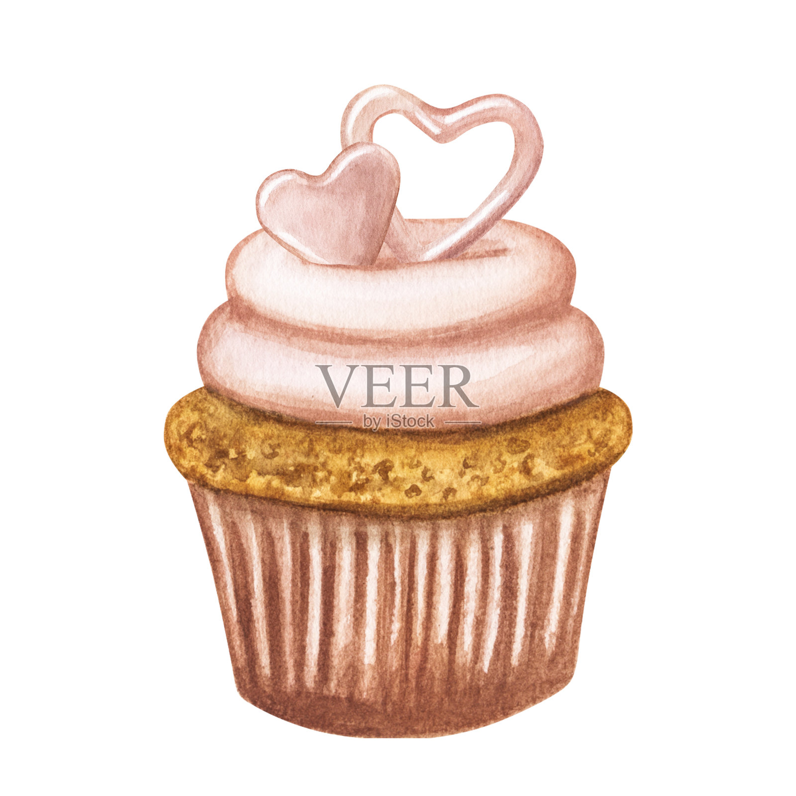 奶油小蛋糕，上面装饰着心形图案。手绘水彩插图。明信片，请柬。情人节快乐插画图片素材